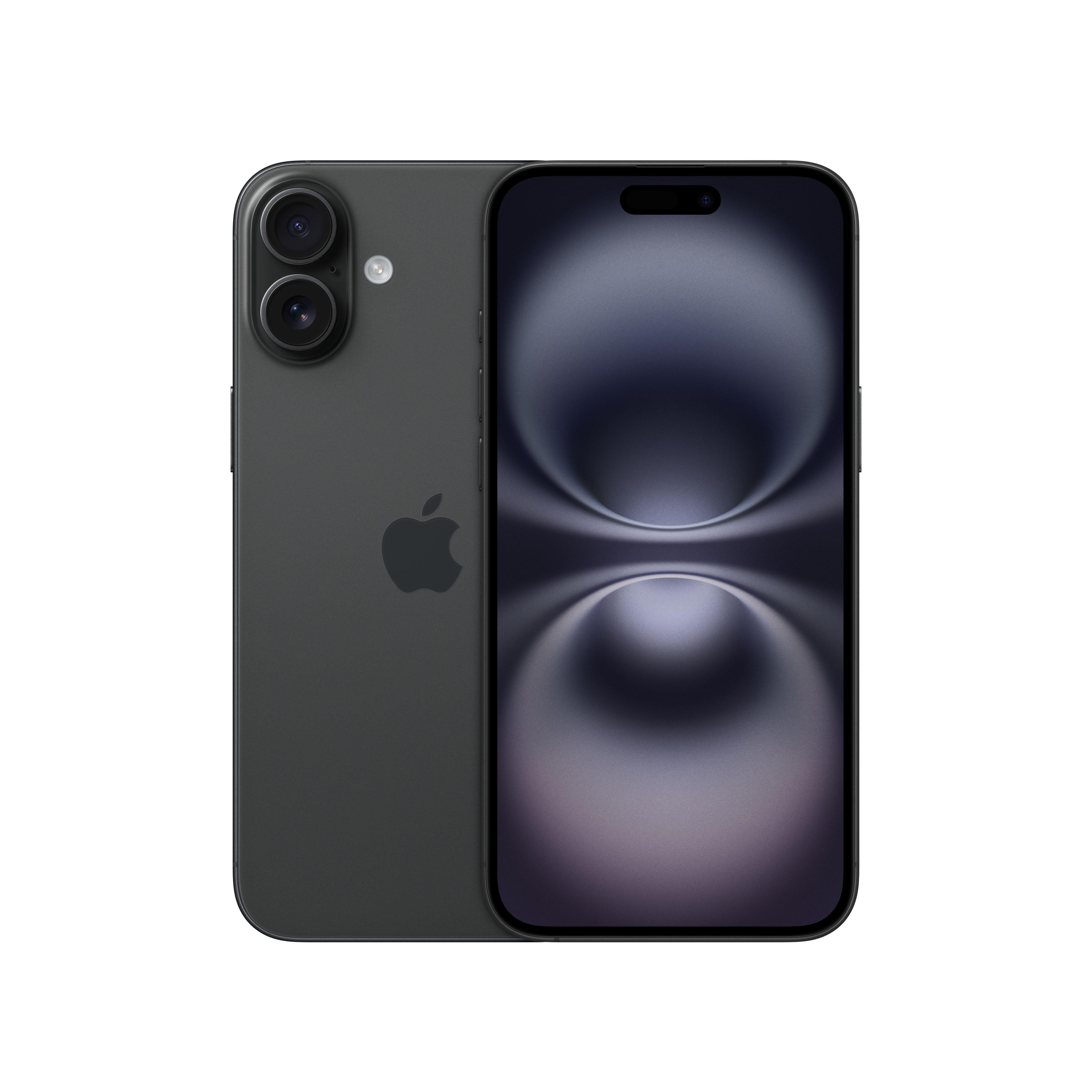Schwarzes iPhone mit Rück- und Vorderansicht. Duale Kameras hinten, Bildschirm vorne. Weißer Hintergrund.