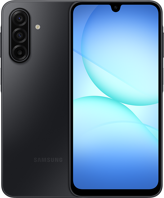 Ein schwarzes Samsung-Smartphone. Es hat einen Bildschirm mit einem blau-weißen Farbverlauf. Auf der Rückseite sind drei Kameras zu sehen.