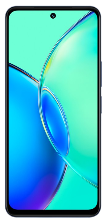 Smartphone mit Bildschirm, der ein farbenfrohes abstraktes Design anzeigt, schwarzer Rahmen.