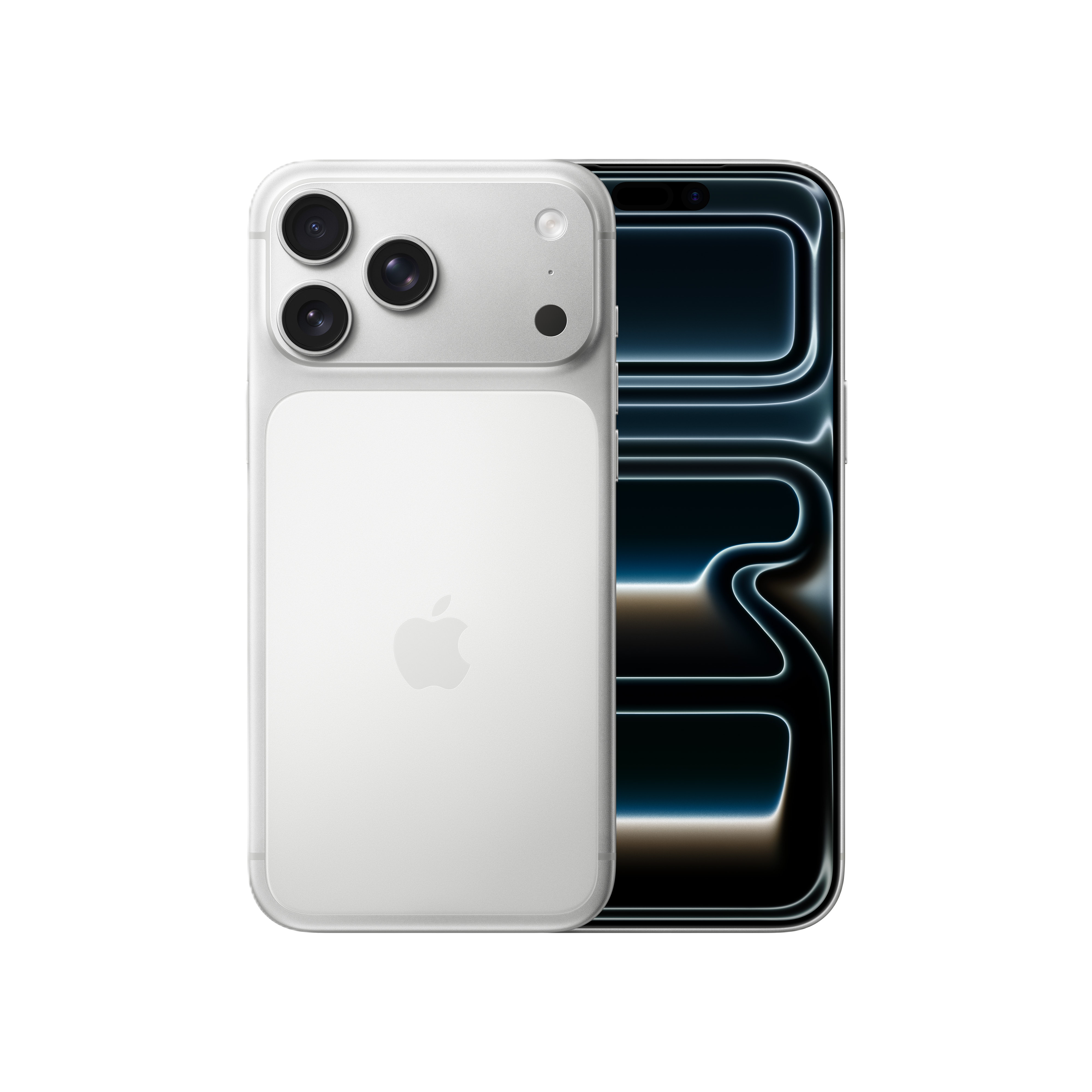 Ein weißes Smartphone mit drei Kameras links. Der Bildschirm rechts zeigt blaue und weiße Lichter.