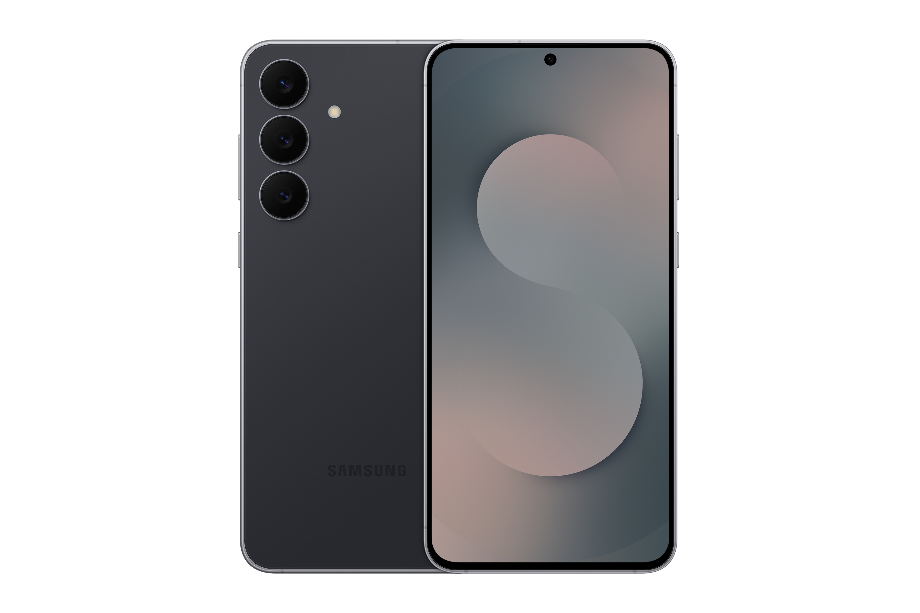 Dunkelgraues Smartphone. Auf der Rückseite sind drei Kameras und das Samsung-Logo zu sehen. Der Bildschirm zeigt ein Gradientendesign.