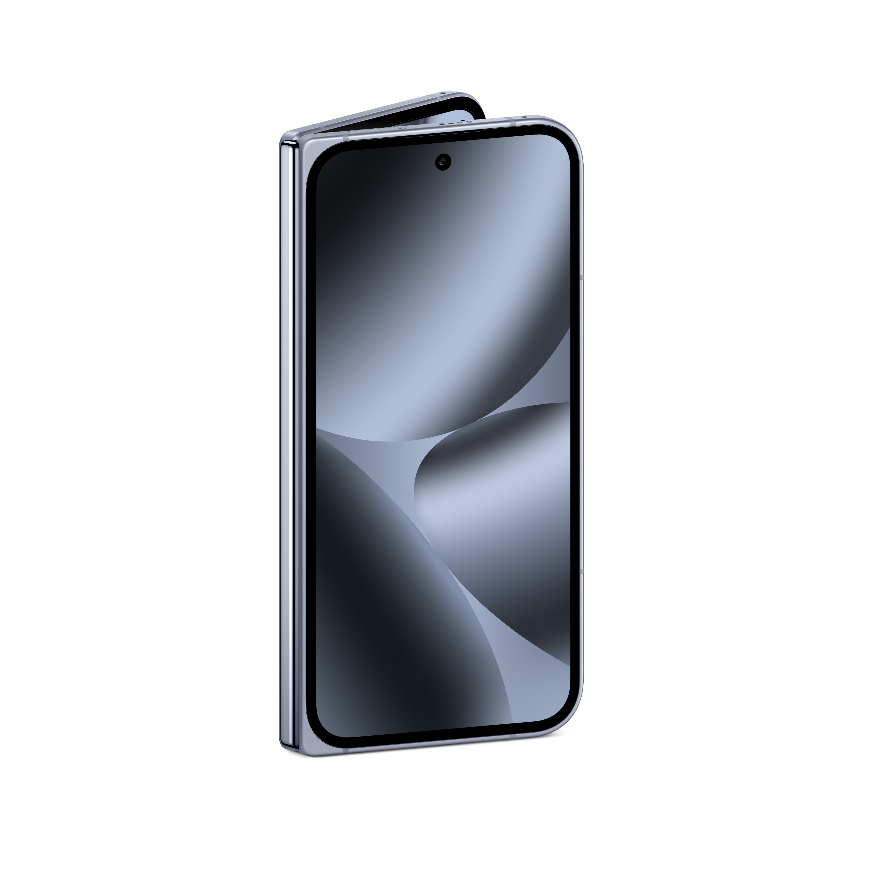 Ein silbernes, faltbares Smartphone ist halb geöffnet und zeigt einen blau verlaufenden Bildschirm. Der Hintergrund ist schwarz.