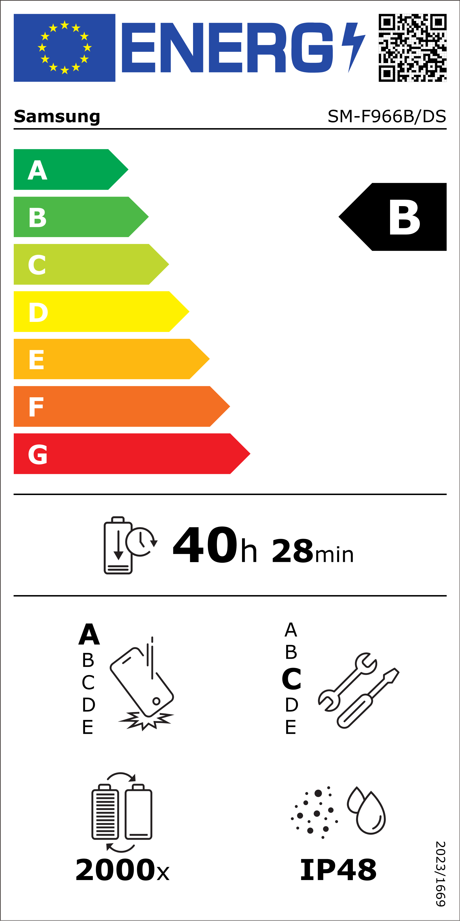 Energielabel für ein Samsung-Telefon. Zeigt eine A-G-Skala, eine B-Bewertung und eine Akkulaufzeit von 40h 28min. Symbole für Haltbarkeit.