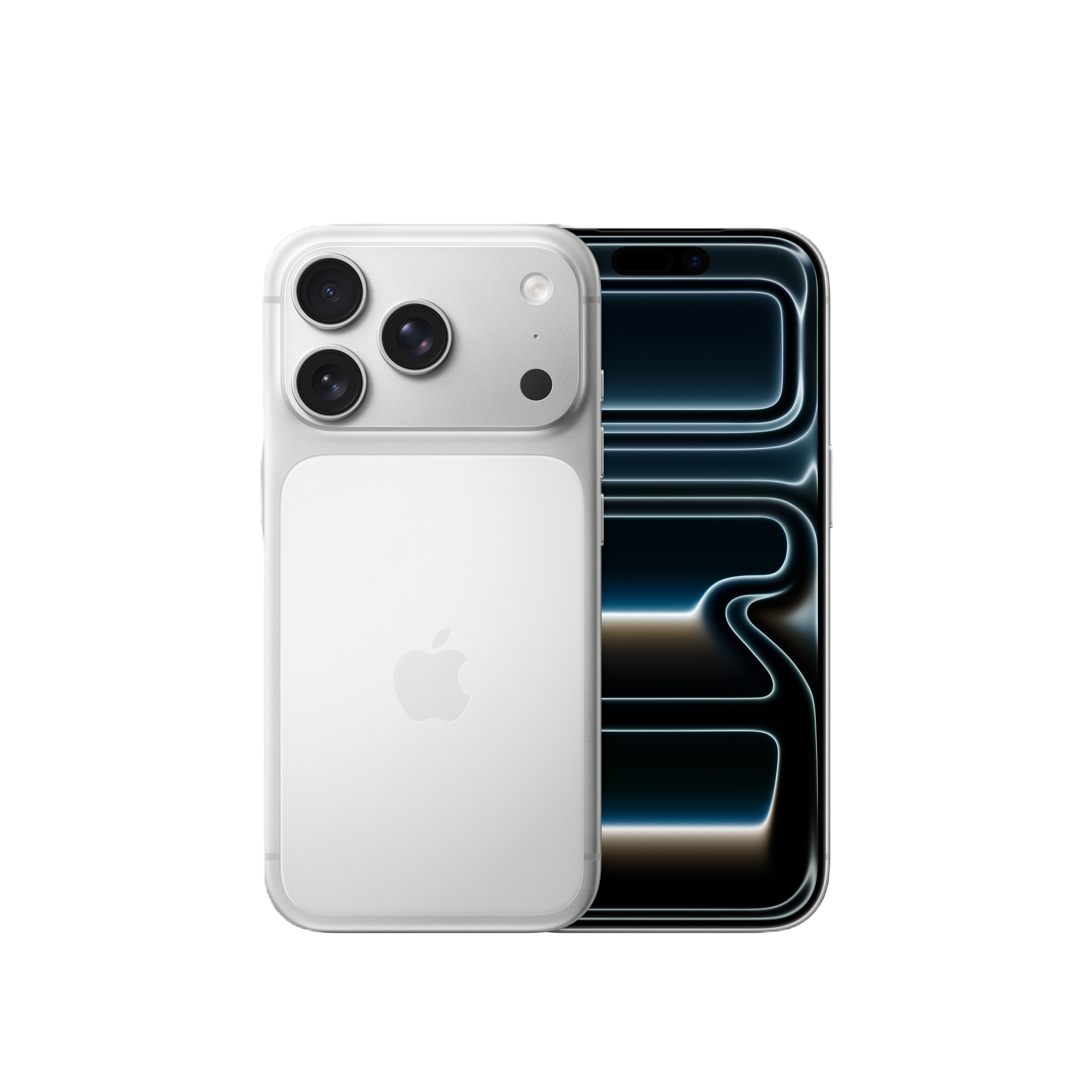 Ein weißes iPhone zeigt seine Rückseite und seinen Bildschirm. Die Rückseite hat ein Apple-Logo und drei Kameras. Der Bildschirm zeigt ein blaues Design.