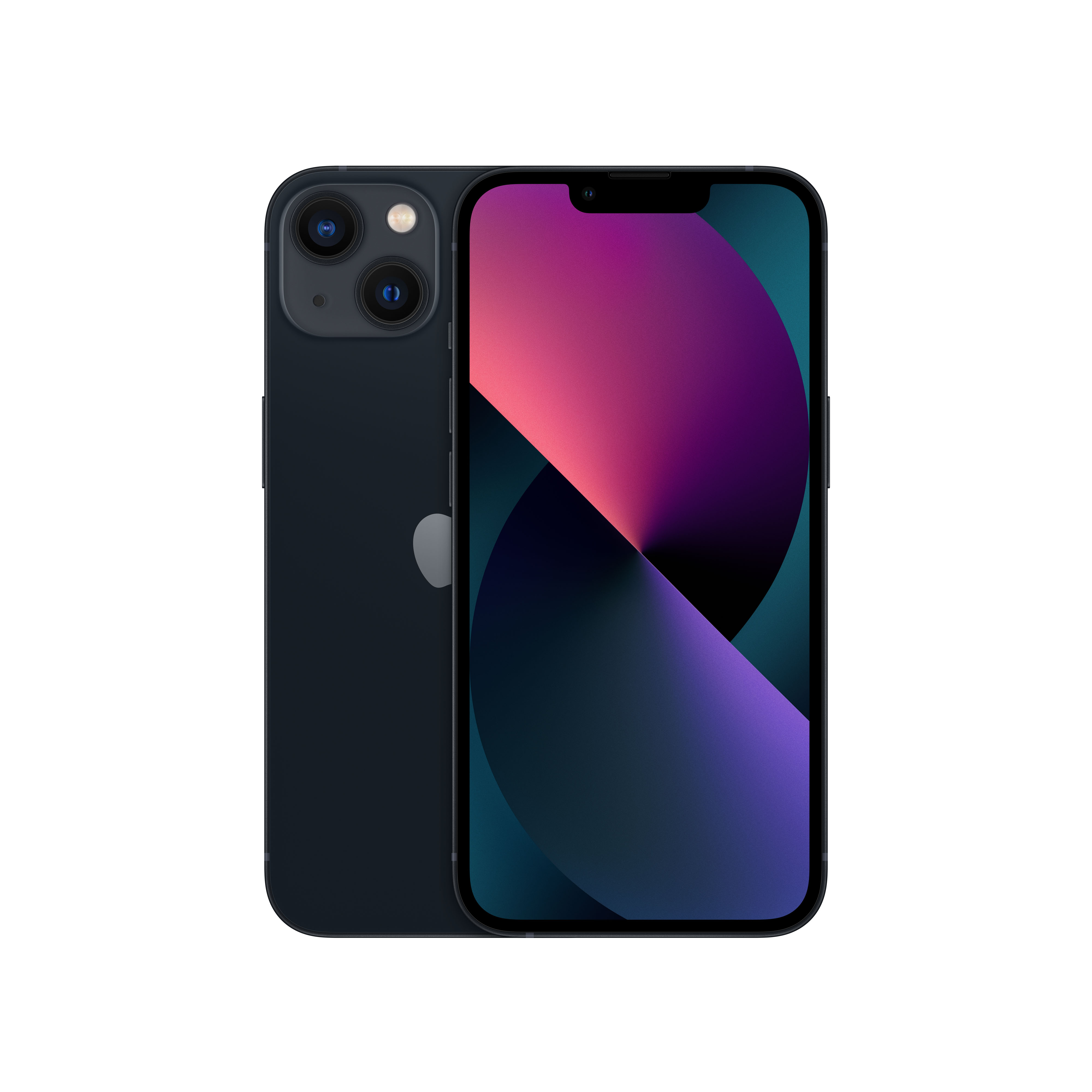 Dunkelblaues iPhone mit zwei Kameras, Bildschirm an. Schwarzer Hintergrund.