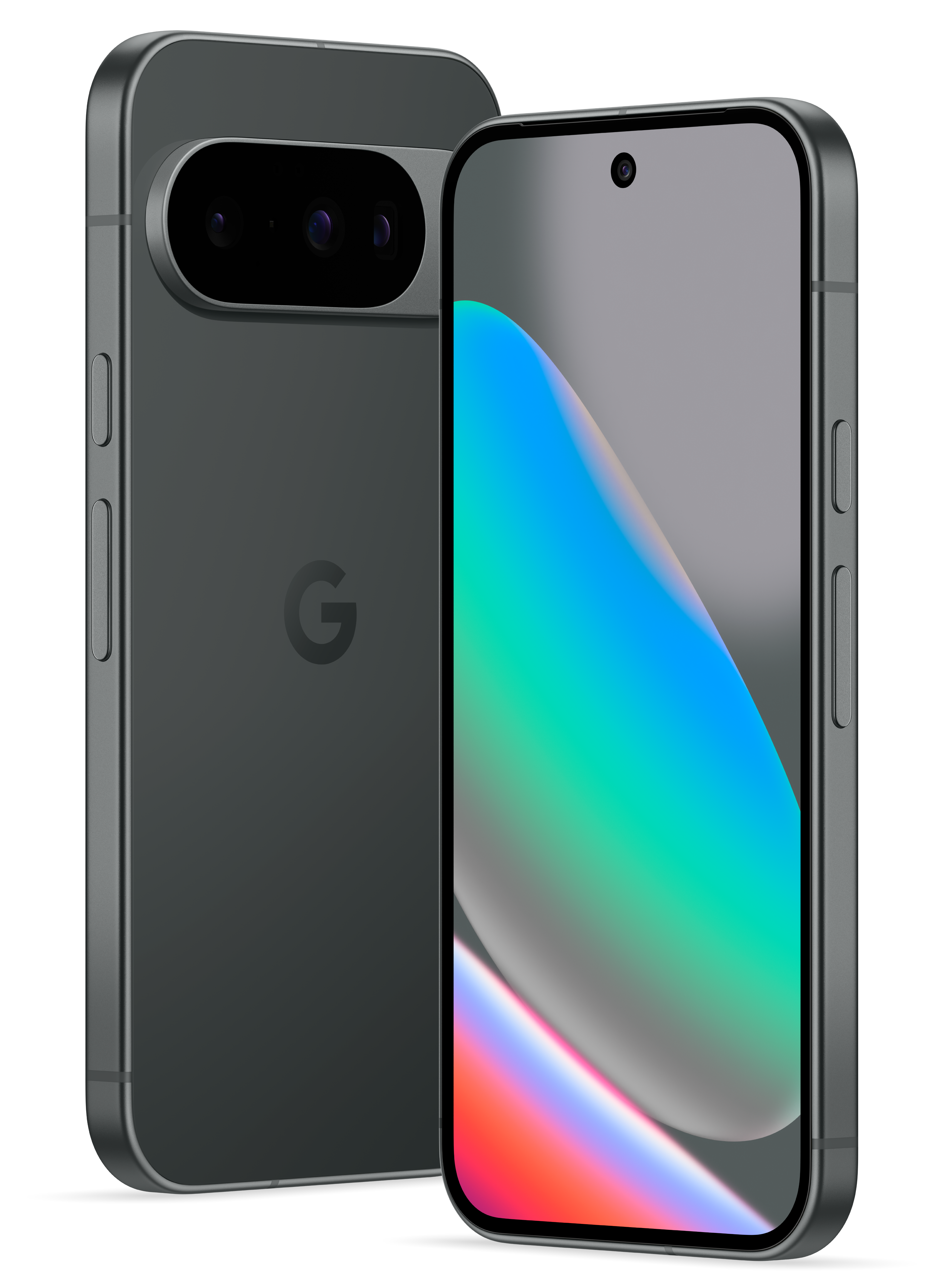 Zwei graue Smartphones mit farbigem Bildschirmverlauf auf schwarzem Hintergrund. Eines zeigt die Rückseite mit Google-Logo.