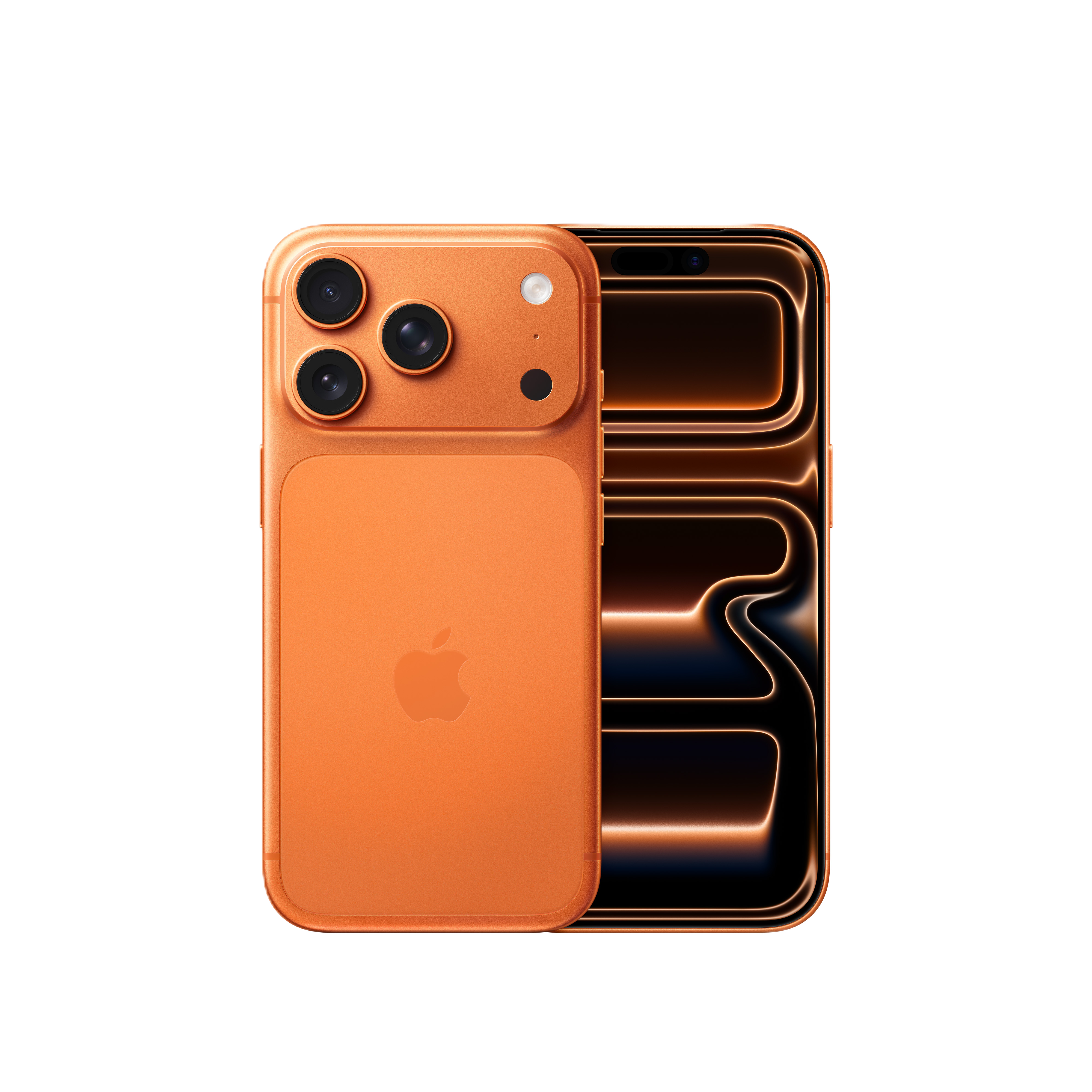 Ein orangefarbenes Smartphone mit Dreifach-Kamera und Seitenansicht eines Bildschirms mit neonartigen Linien auf schwarzem Hintergrund.