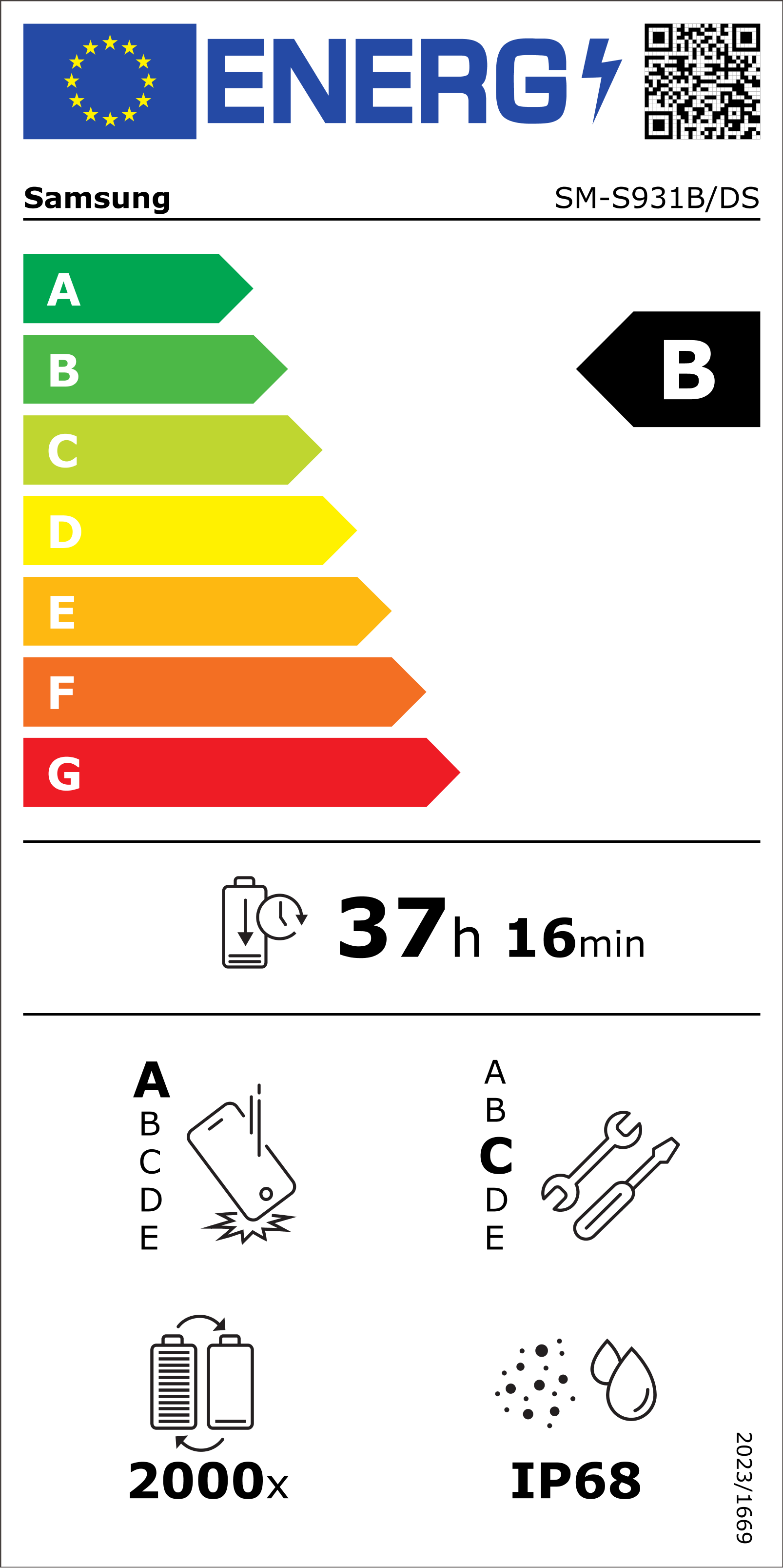 Energielabel. Samsung-Telefoninfo. Akkulaufzeit 37h 16min. Energieeffizienzklasse B. IP68. Icons für Telefon, Werkzeuge, Akku und Wasser.