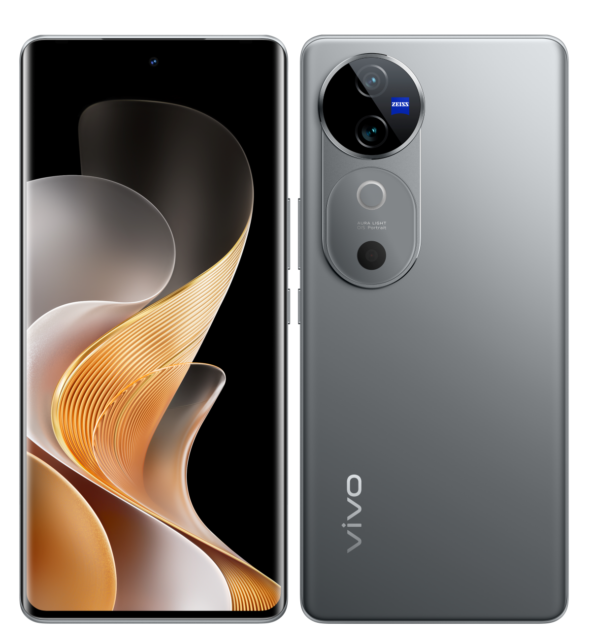 Silbernes Smartphone mit Dual-Kamera und schwarzem Hintergrund.