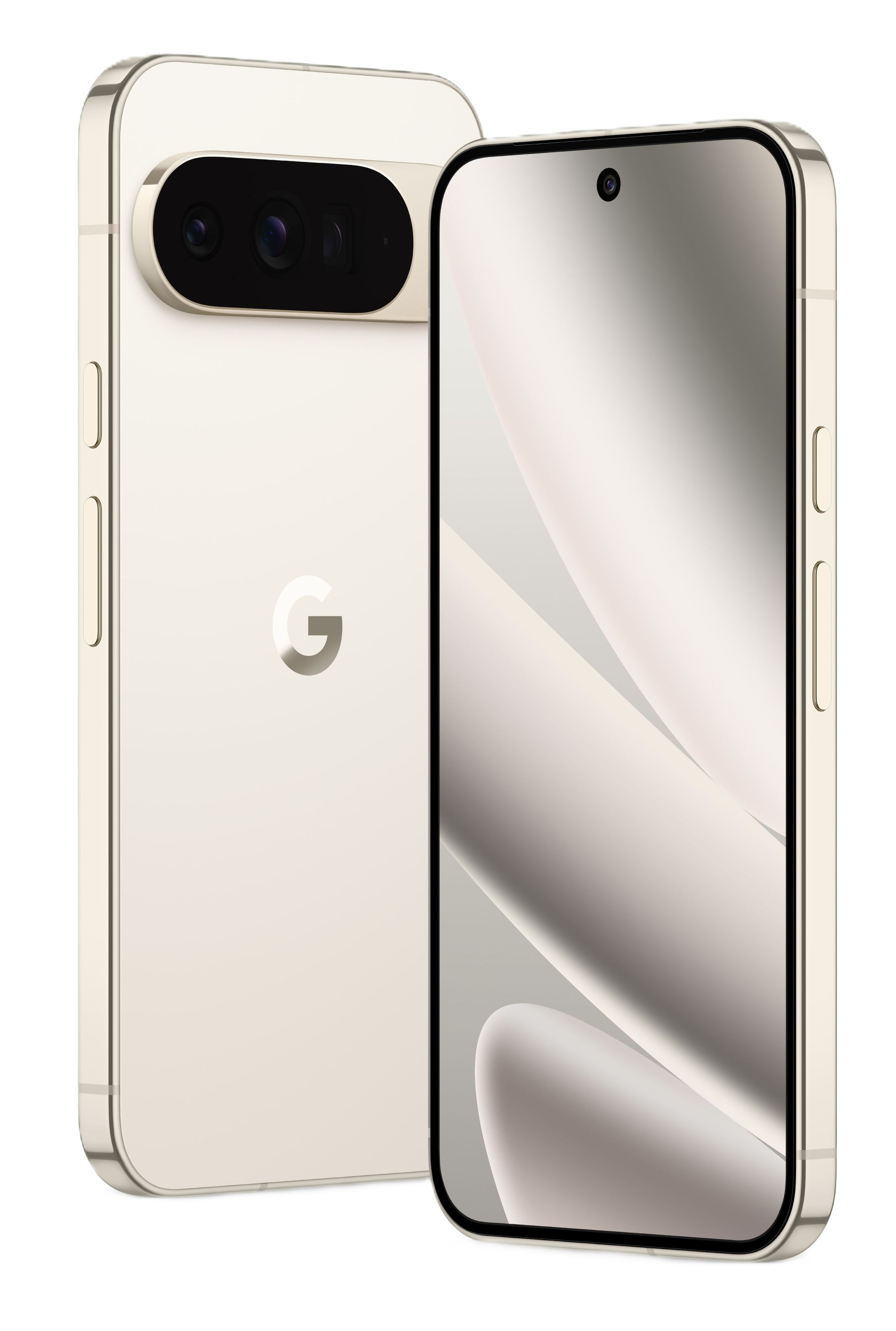 Zwei Telefone, eines im Fokus, beige, Google-Logo, Kameras hinten, Bildschirm vorne, schwarze Ränder, weißer Hintergrund.