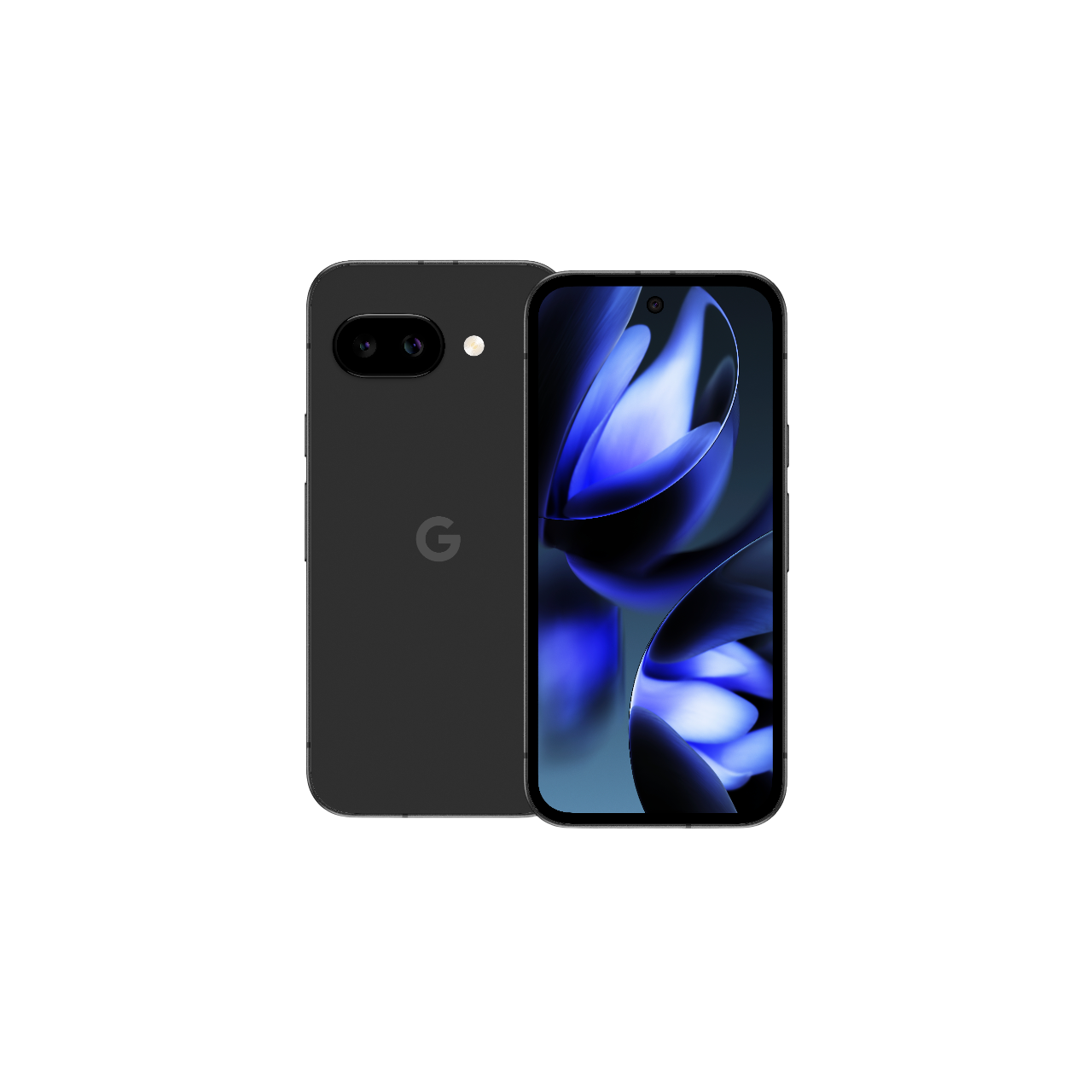 Schwarzes Smartphone, Vorderansicht mit blauem Blumendesign und Rückansicht.