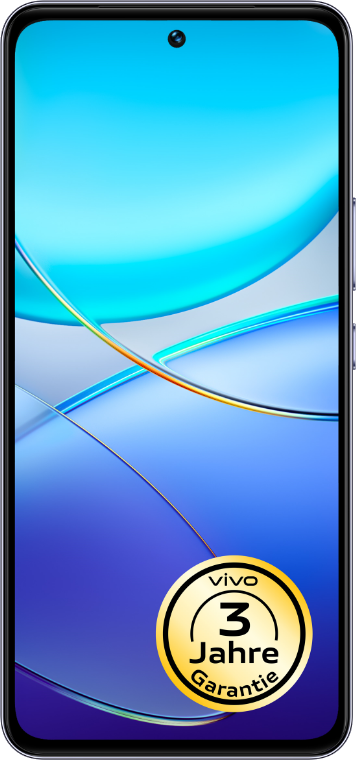 Ein Smartphone mit blauem, weißem und lila Farbverlauf auf dem Bildschirm und einem goldenen Garantiesiegel.