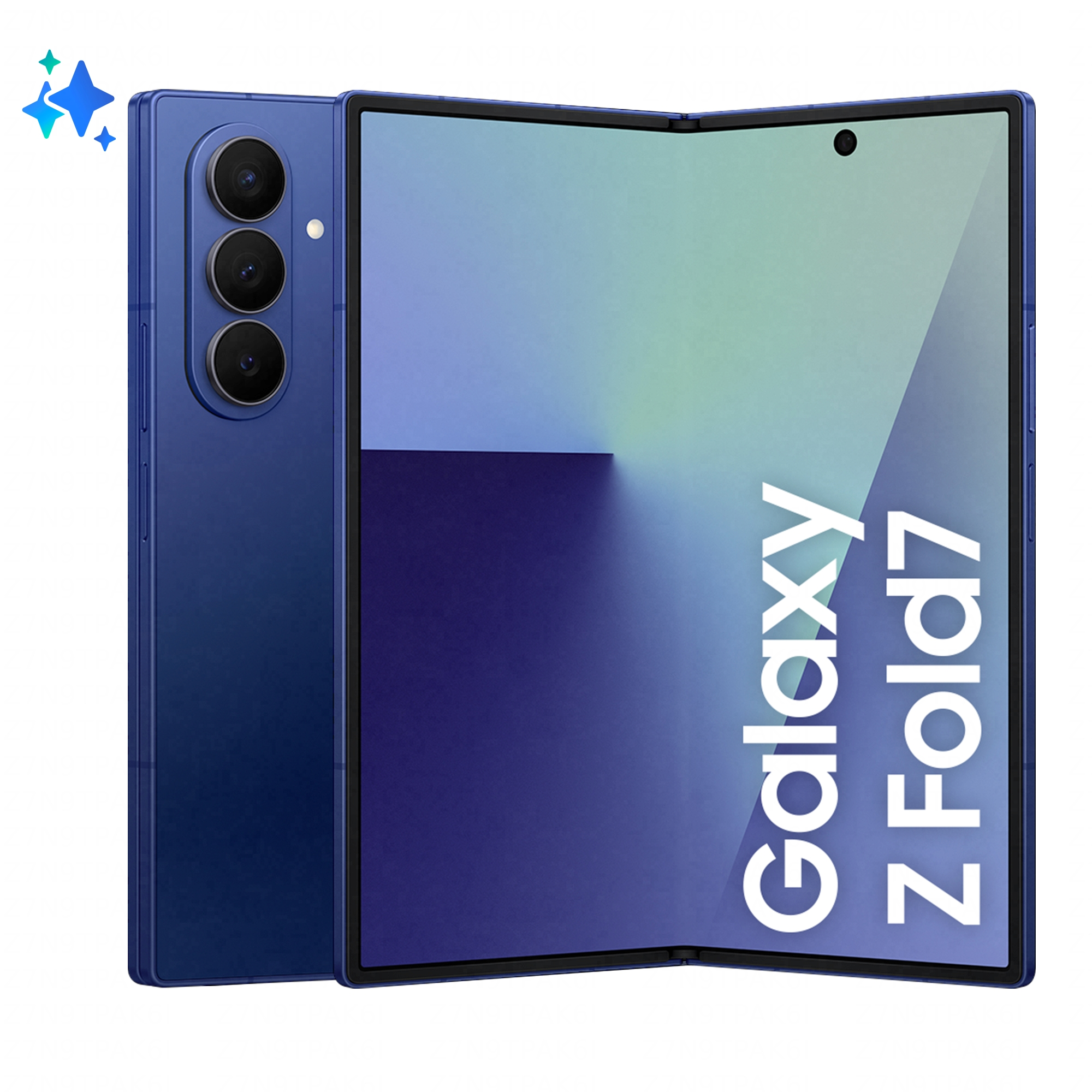 Blaues faltbares Smartphone mit drei Kameras und "Galaxy Z Fold7" auf dem Bildschirm.