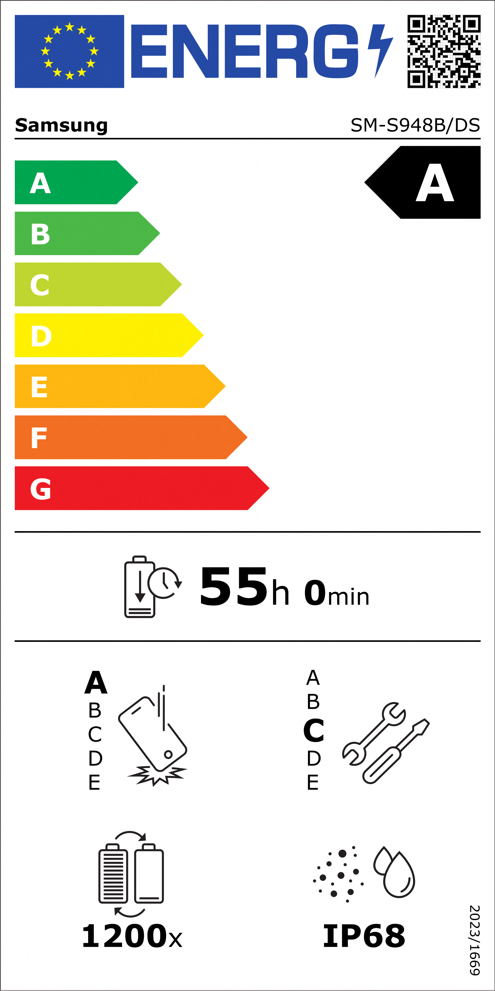 Samsung SM-S948B/DS Energielabel Klasse A, 55h Akkulaufzeit, 1200 Ladezyklen, IP68.