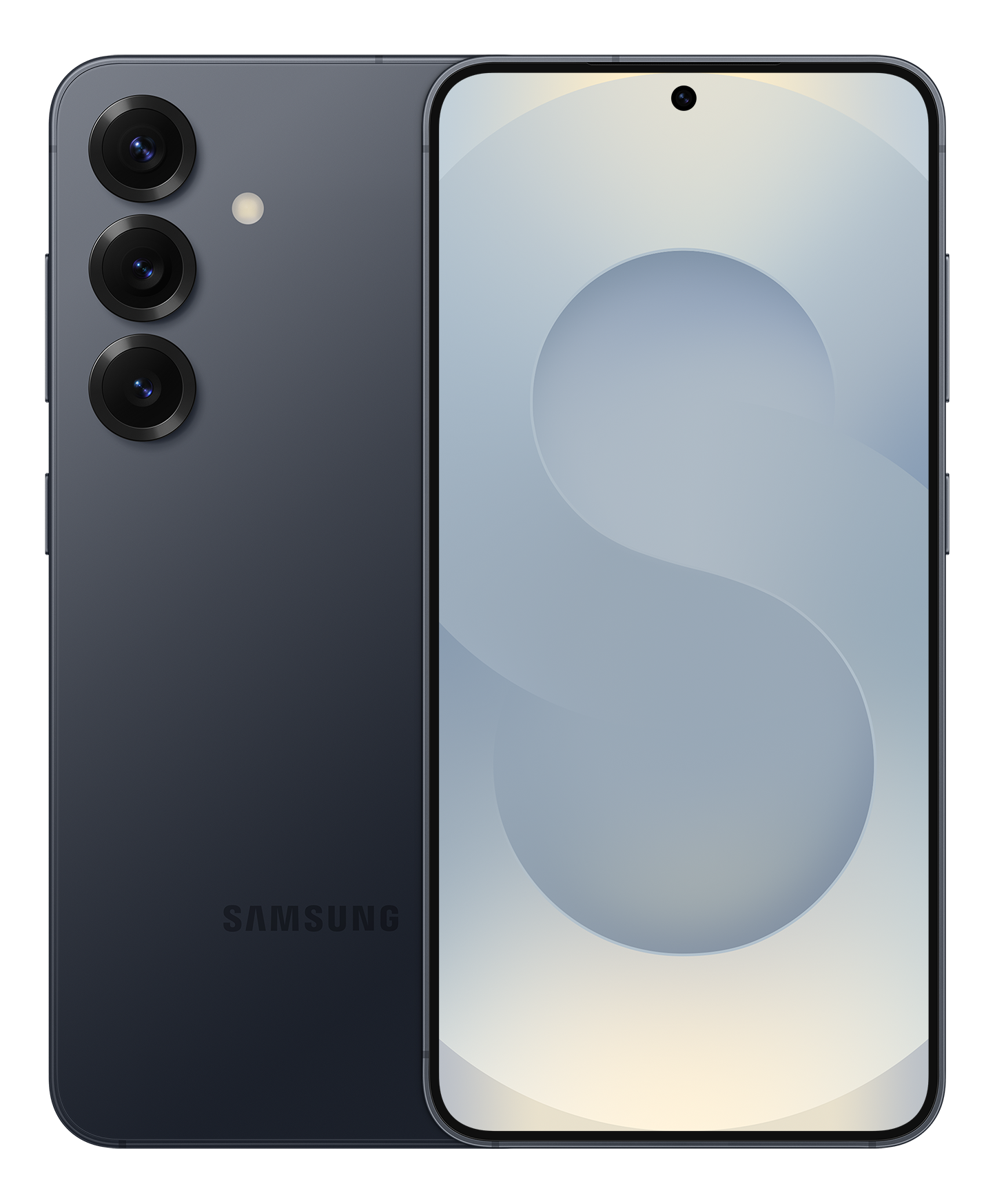 Dunkelblaues Samsung-Telefon mit drei Rückkameras und einem Bildschirm, der ein geschwungenes Design zeigt. Das Samsung-Logo ist sichtbar.