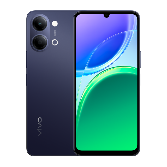 Ein dunkles lila Smartphone mit zwei Kameras auf der Rückseite und einer Vivo-Aufschrift.