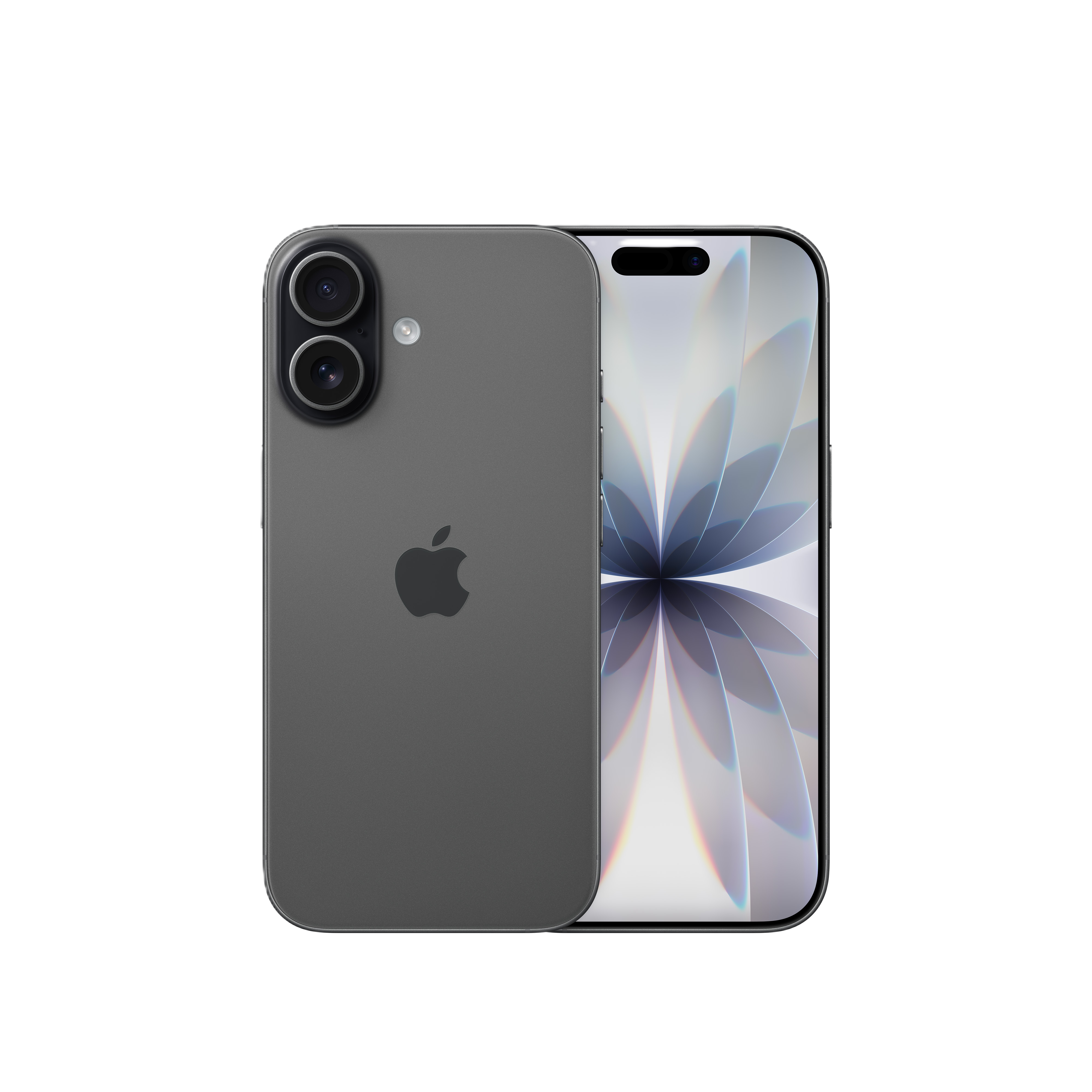 Ein graues Smartphone mit zwei Kameras und einem Apple-Logo. Der Bildschirm zeigt ein Blumendesign.