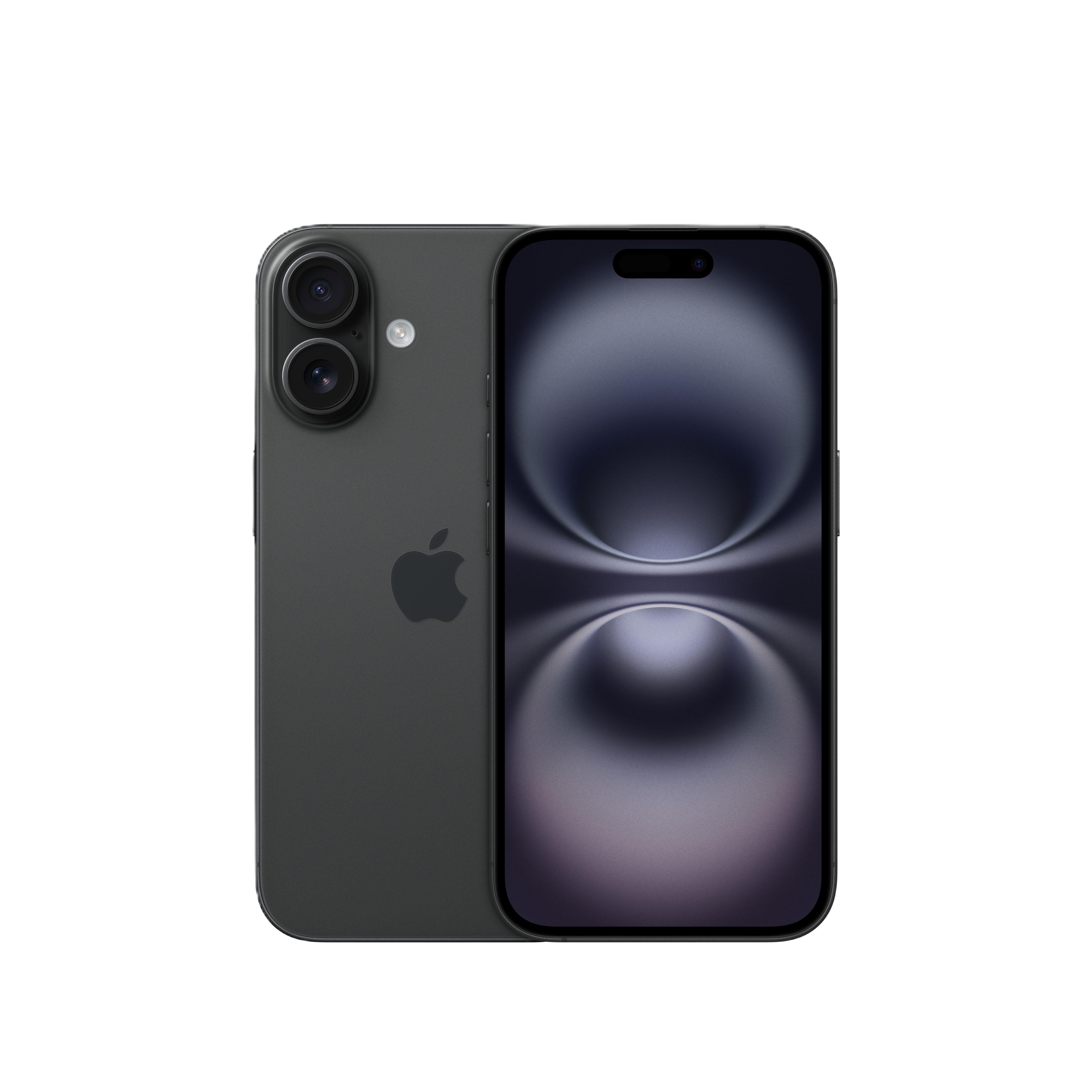 Ein dunkelgraues Smartphone zeigt die Rückseite mit Apple-Logo und Dual-Kameras sowie den Bildschirm.