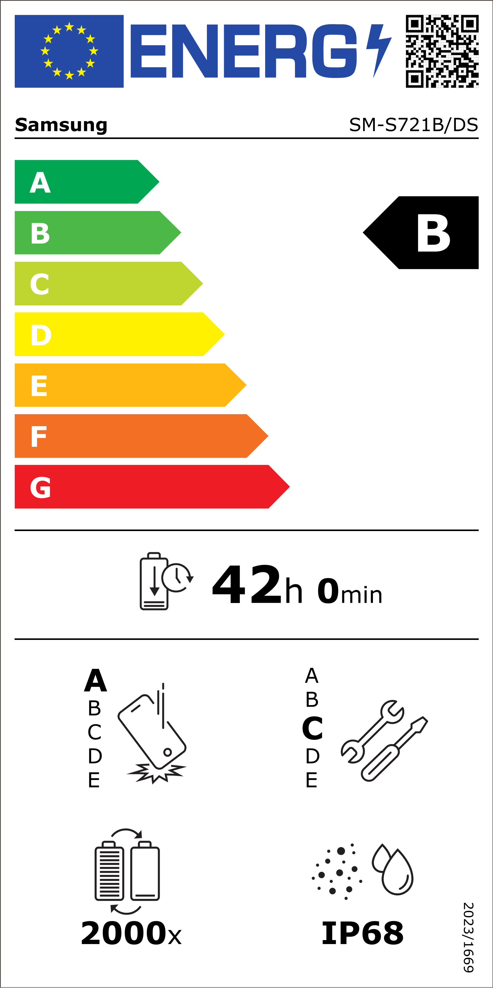 Energielabel für ein Samsung-Gerät. Zeigt Energieeffizienz, Akkulaufzeit und andere technische Informationen an.