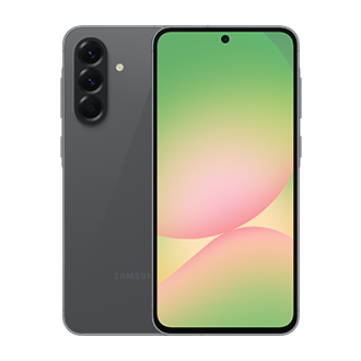 Graues Samsung-Telefon mit drei Rückkameras, grünem und pinkfarbenem Bildschirm, weißer Hintergrund.
