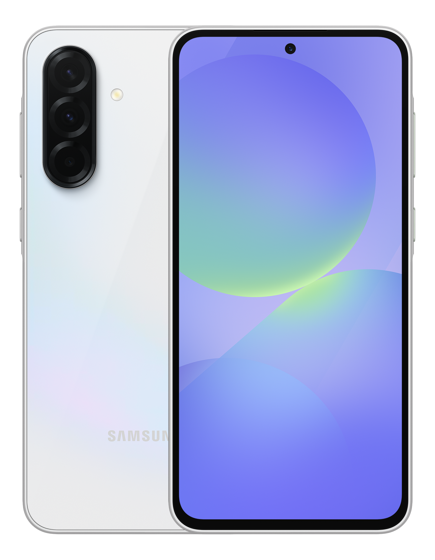 Weißes Telefon mit Dreifachkamera. Display zeigt ein grünes und violettes abstraktes Muster. Schwarzer Hintergrund.