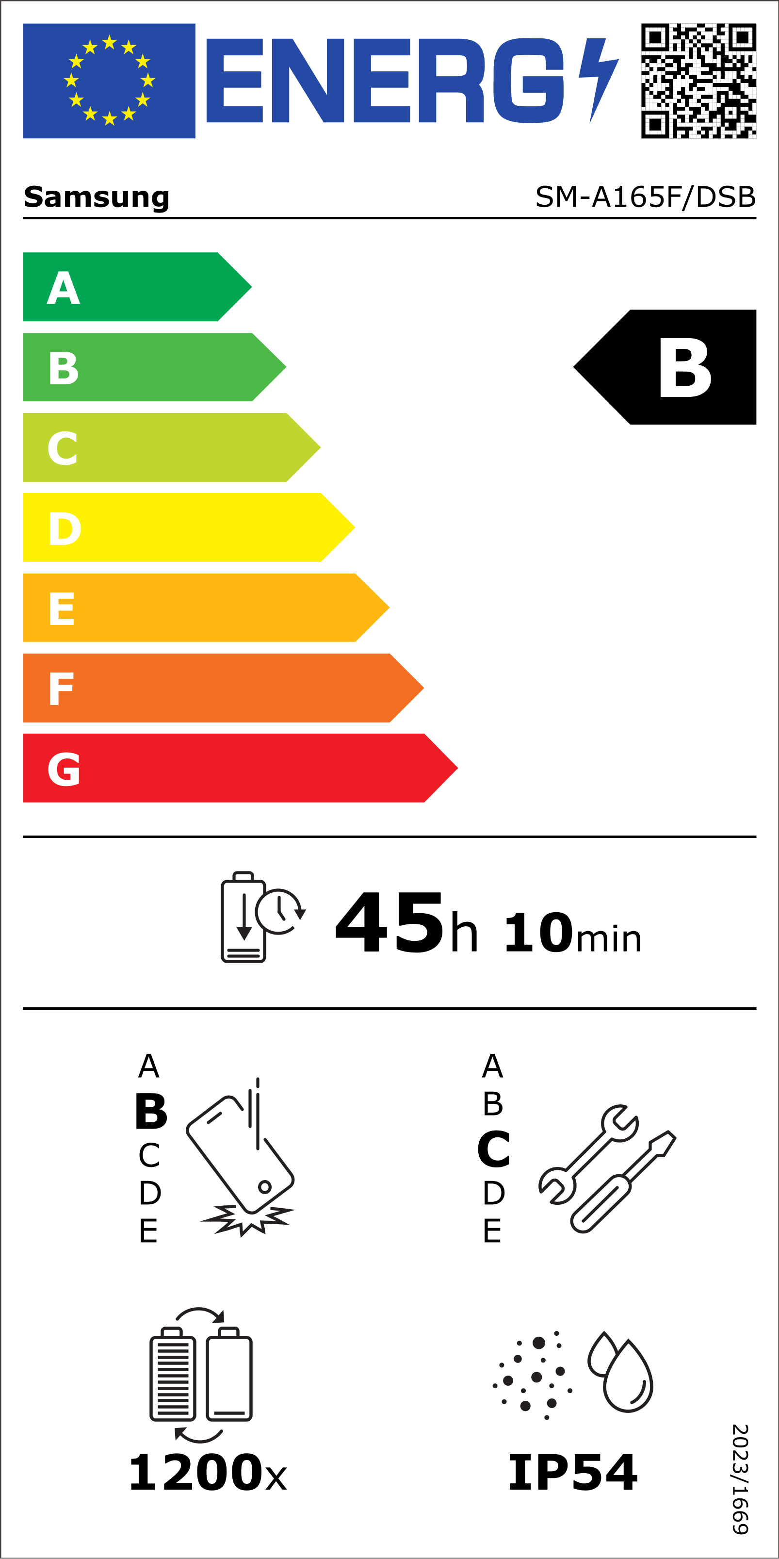 Energielabel für ein Samsung-Telefon mit Energieeffizienzklassen, Akkulaufzeit von 45h 10min und weiteren Details.