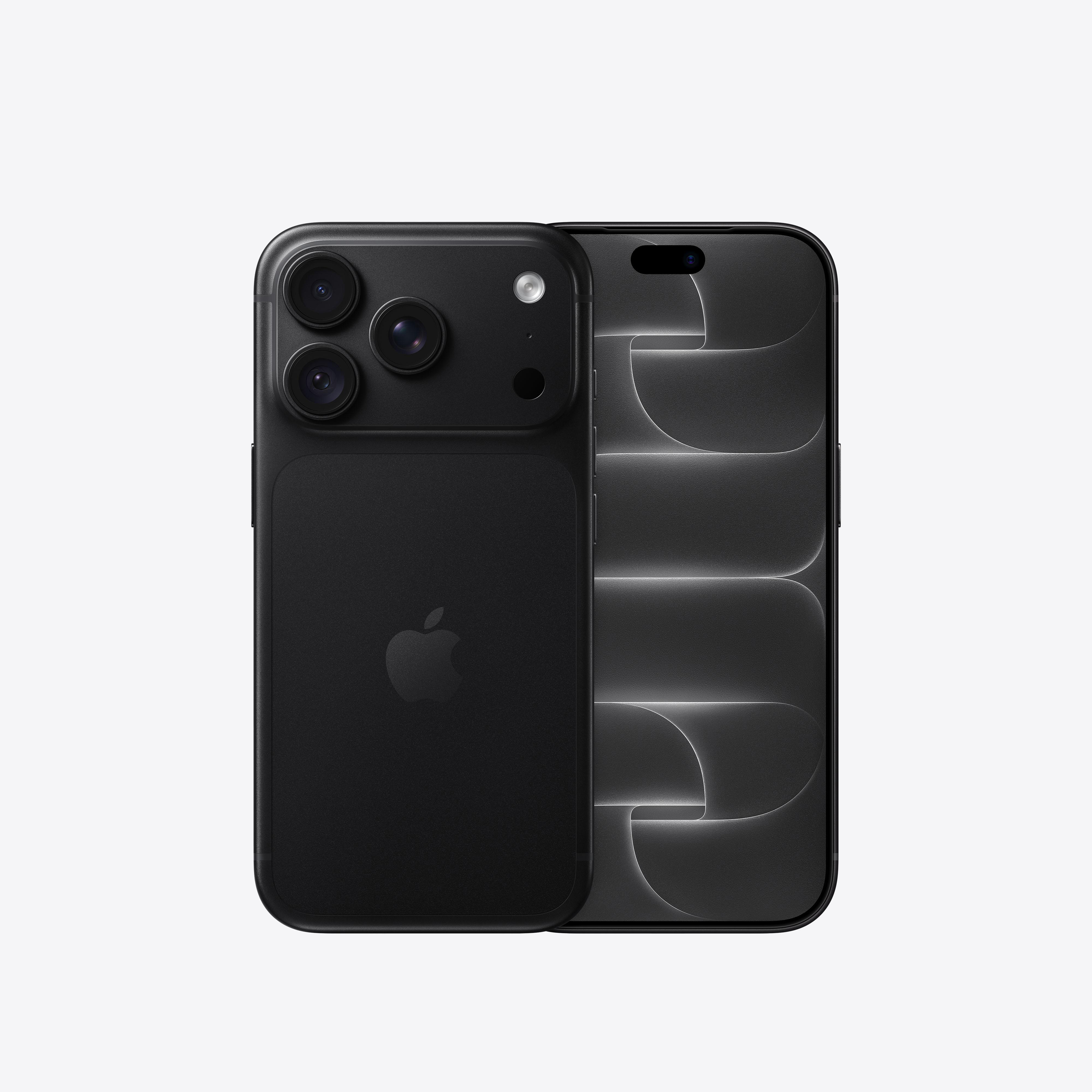 Zwei schwarze iPhones nebeneinander, eines zeigt die Rückseite mit drei Kameralinsen und das andere das Display.