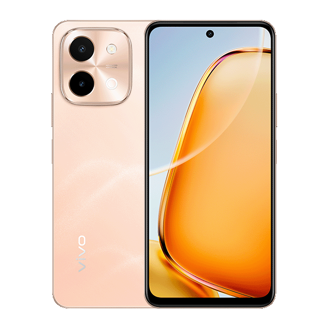 Ein roségoldenes Smartphone mit einem Bildschirm, der einen orangefarbenen Farbverlauf anzeigt. Es hat mehrere Kameras und die Marke 'vivo' ist sichtbar.
