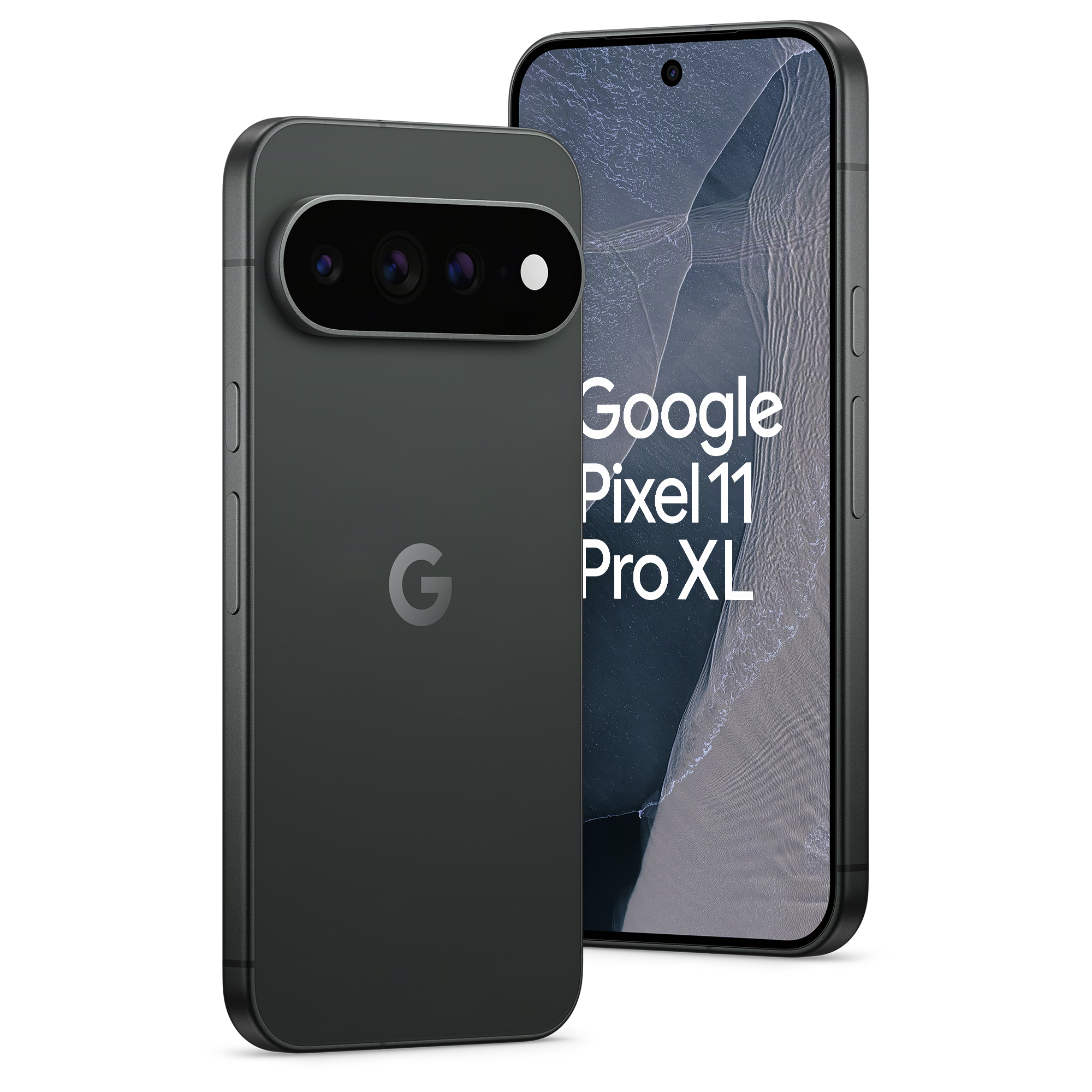 Zwei graue Google Pixel 11 Pro XL Smartphones vor schwarzem Hintergrund, eines zeigt die Rückseite mit Kamera.