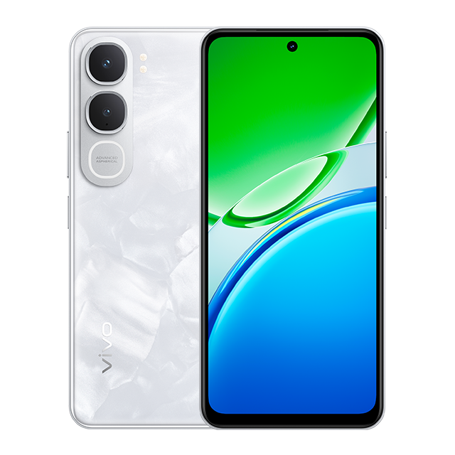 Weißes Vivo Smartphone mit Perlmutt-Finish und fortschrittlicher asphärischer Kameralinse.