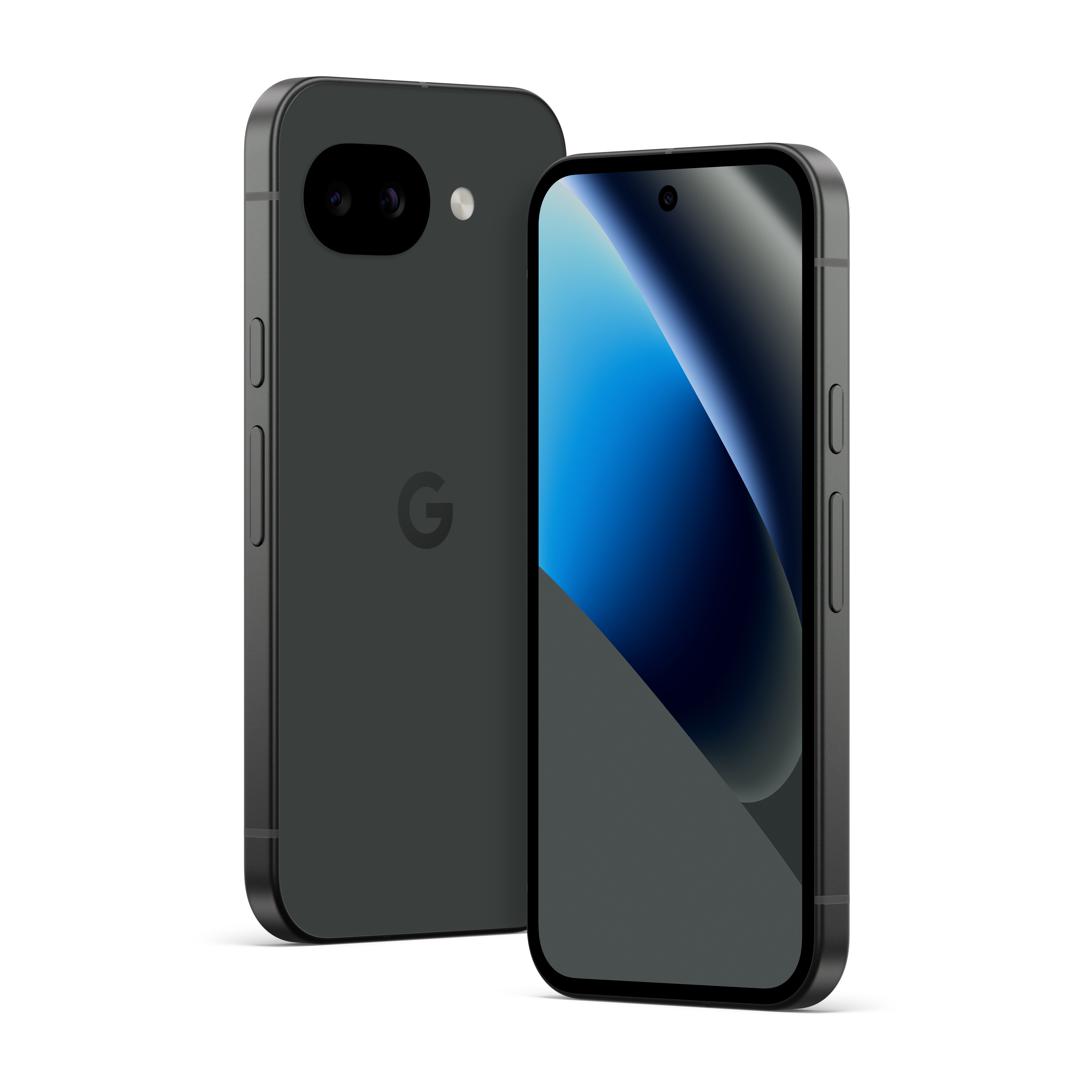 Zwei dunkelgraue Smartphones werden gezeigt. Eines zeigt seine Rückseite mit Kamera und Google-Logo. Das andere zeigt seinen Frontbildschirm.