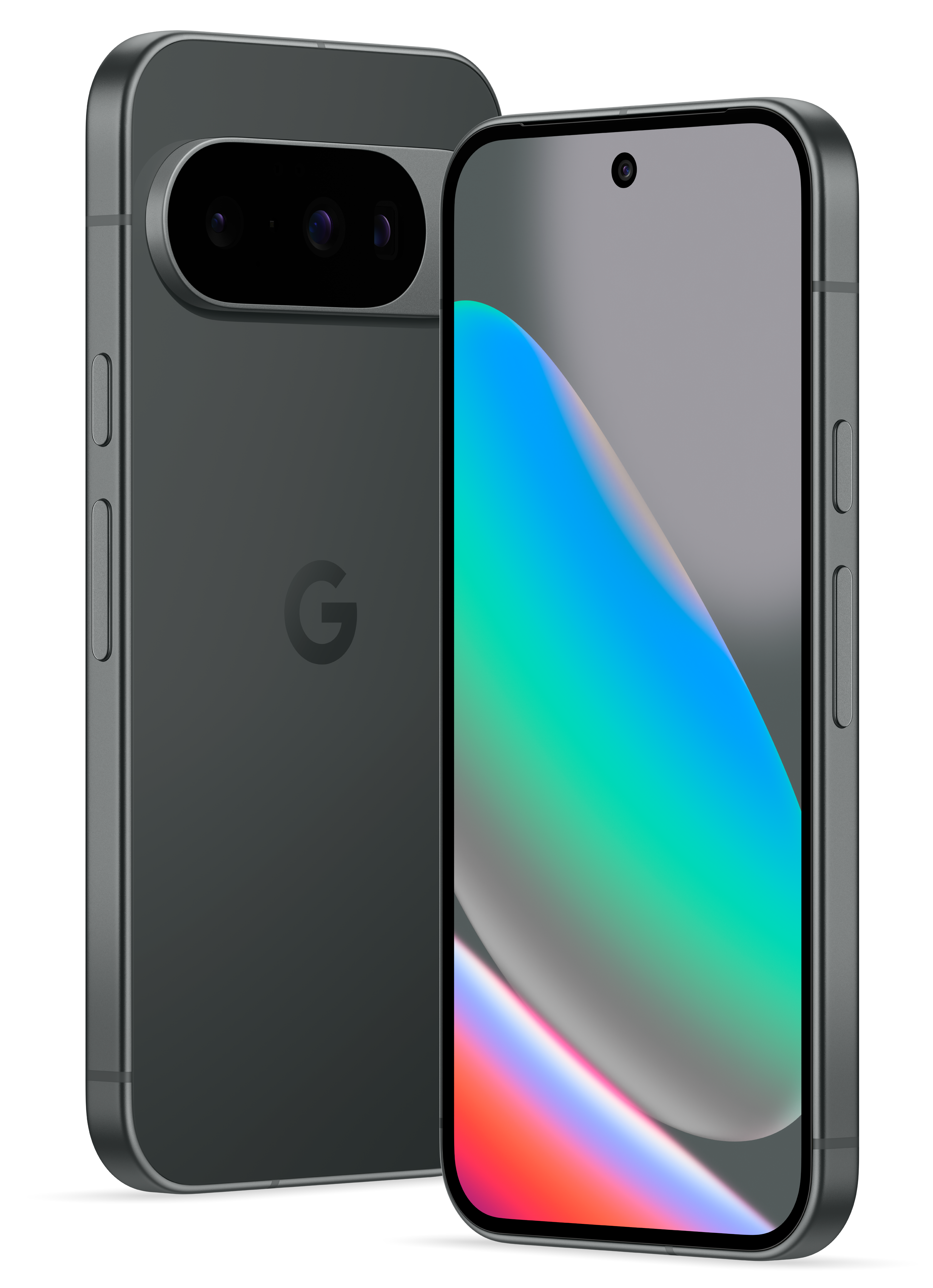 Zwei graue Smartphones mit farbigem Bildschirmverlauf auf schwarzem Hintergrund. Eines zeigt die Rückseite mit Google-Logo.