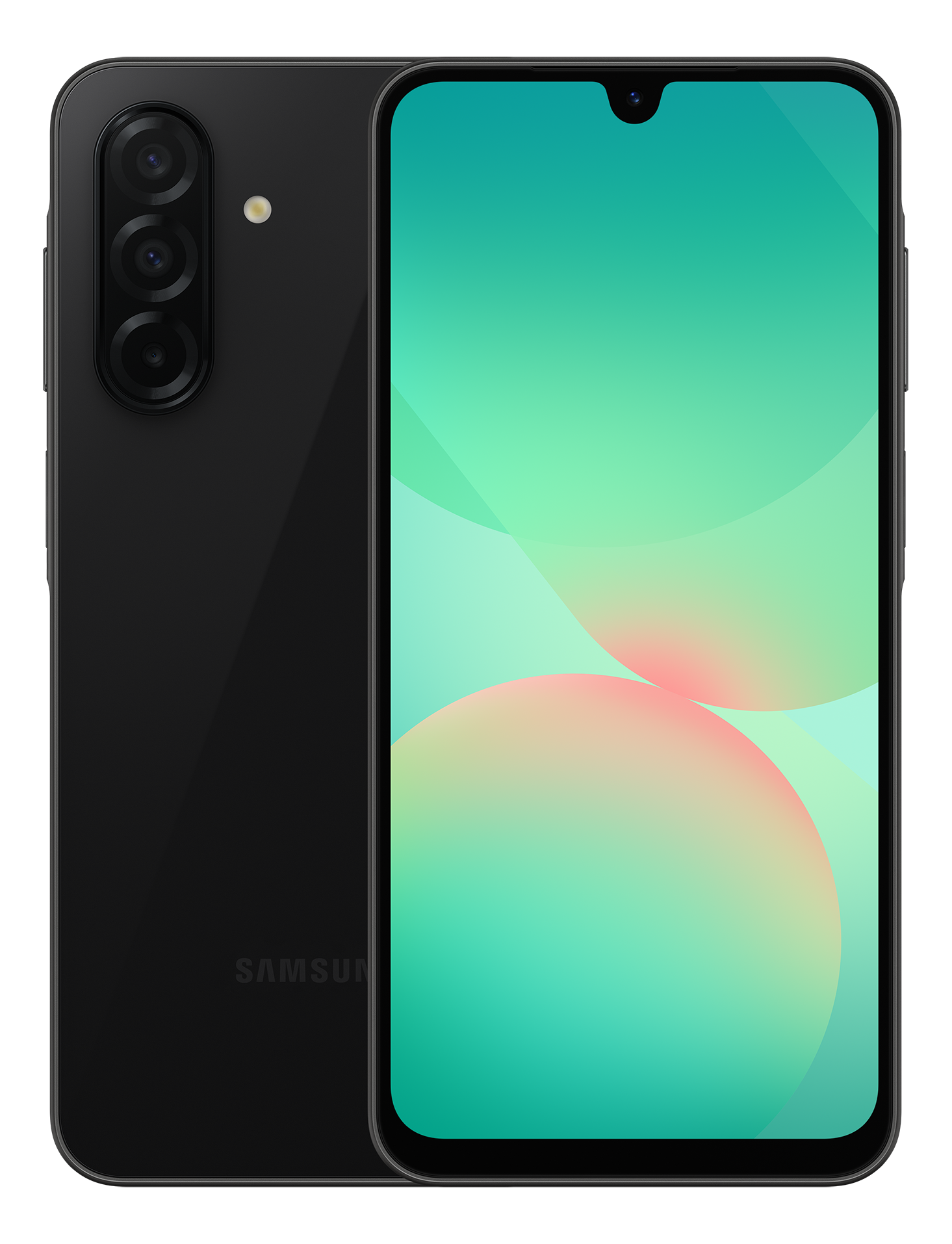 Schwarzes Samsung-Telefon vorne und hinten. Display zeigt einen Farbverlauf-Hintergrund. Sauberes, modernes Design.