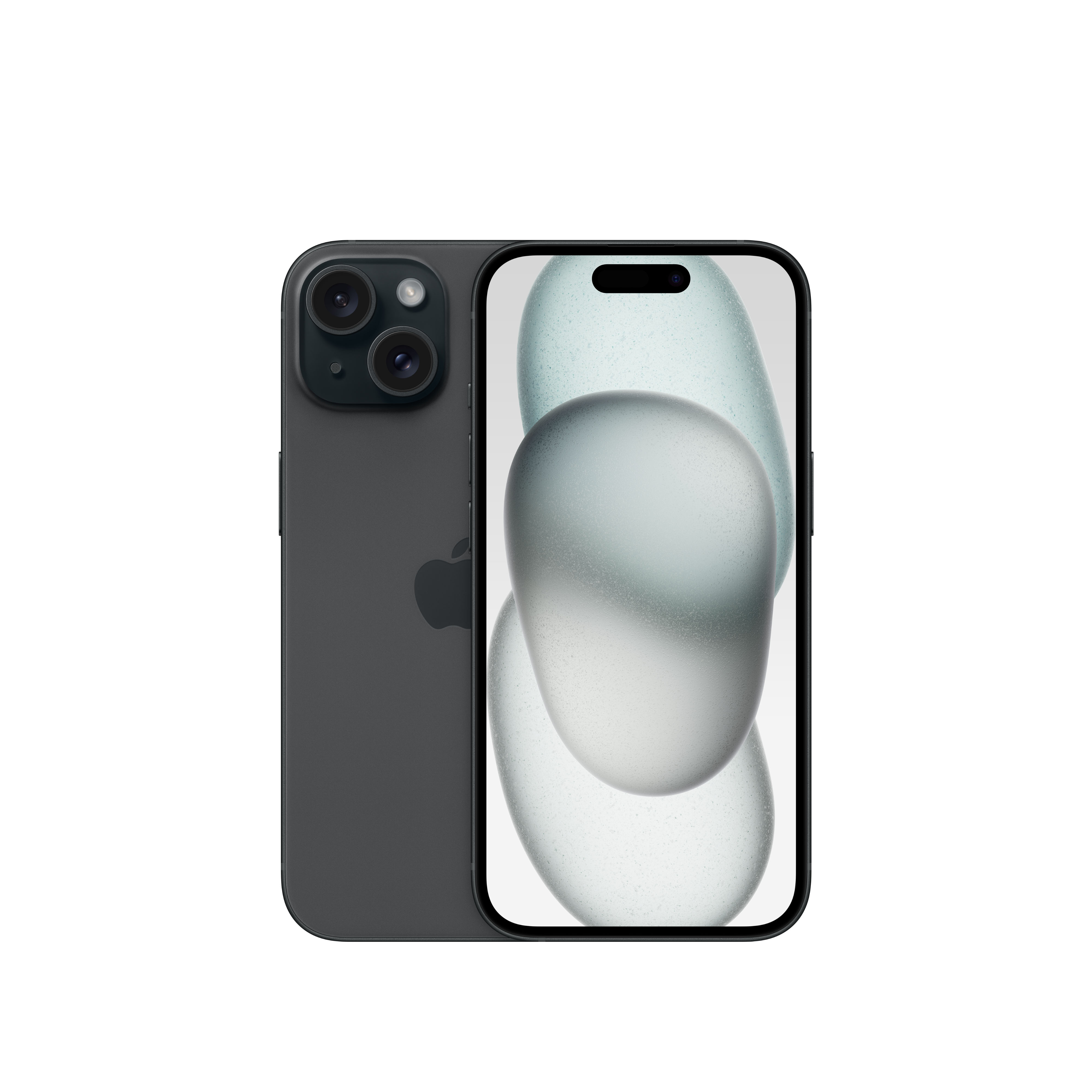 Dunkelgraues iPhone mit drei Kameras auf der Rückseite, das den Bildschirm mit abstraktem Design zeigt.