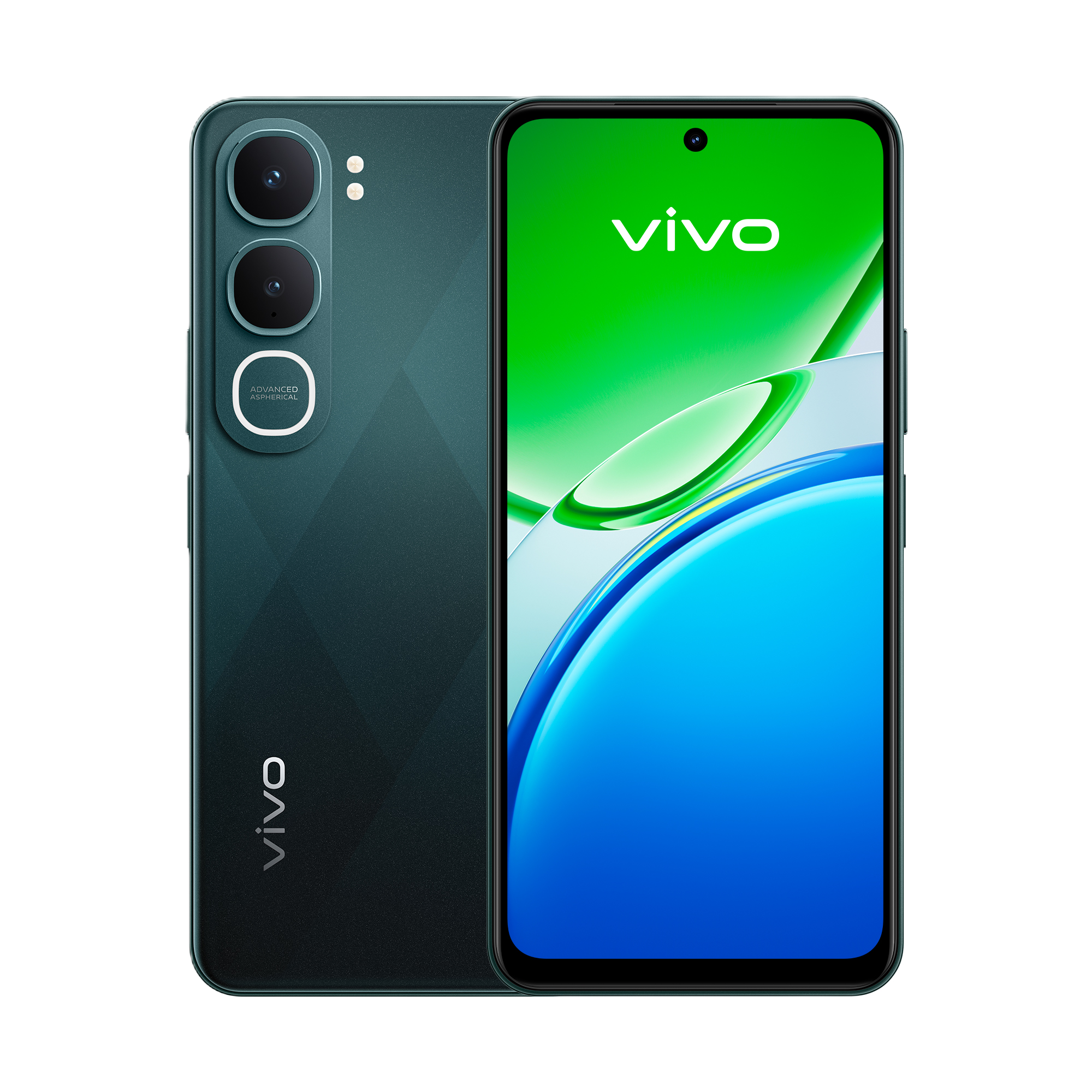 Ein dunklesgrünes Vivo Smartphone mit drei Kameras auf der Rückseite und einem Vollbildschirm.