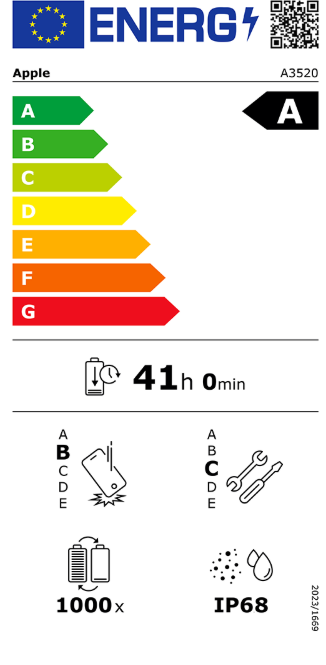 Energielabel mit A-Bewertung. Zeigt Akkulaufzeit von 41 Stunden und verschiedene Symbole zu Produktmerkmalen.