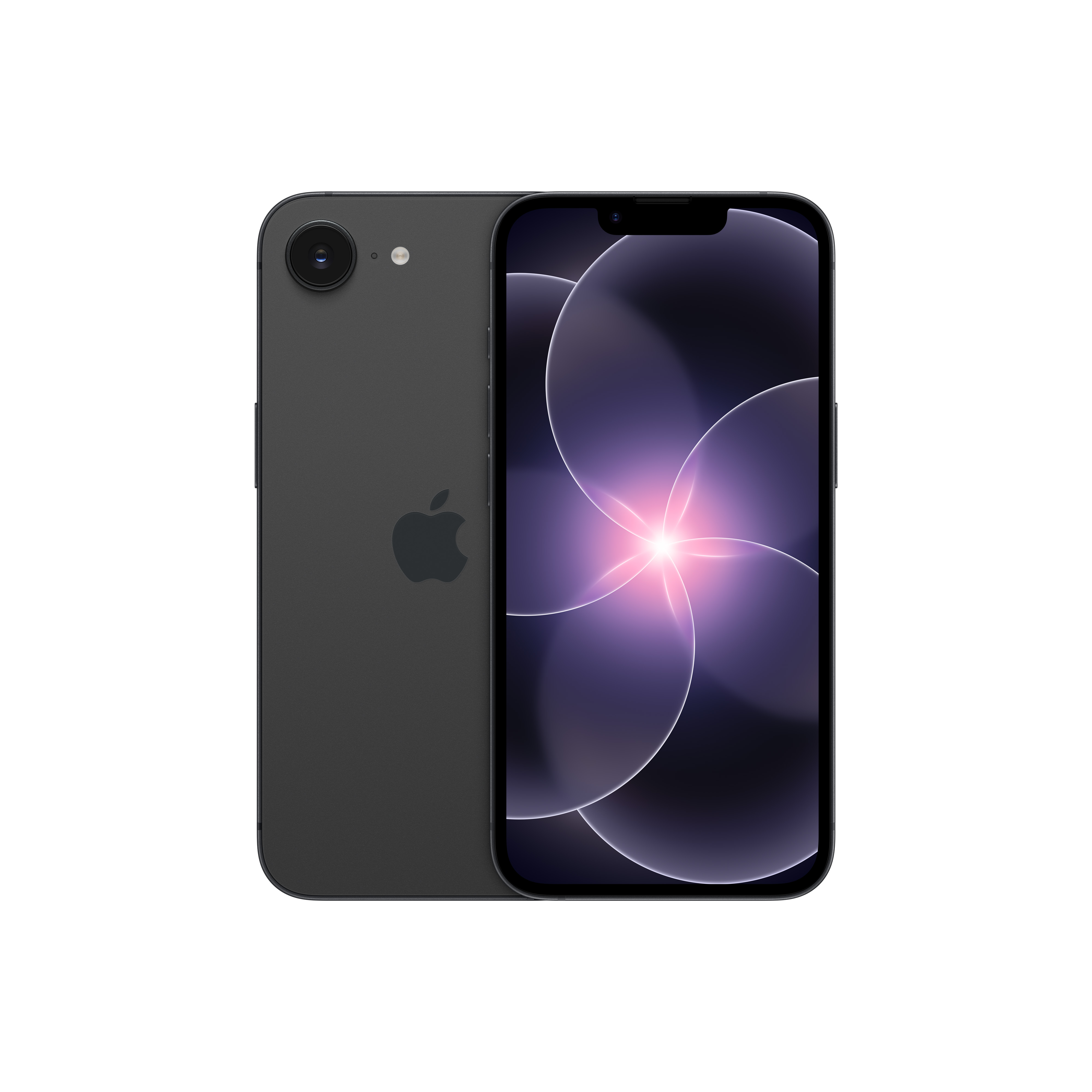 Ein dunkles iPhone mit Apfel-Logo und lila Hintergrundbild.