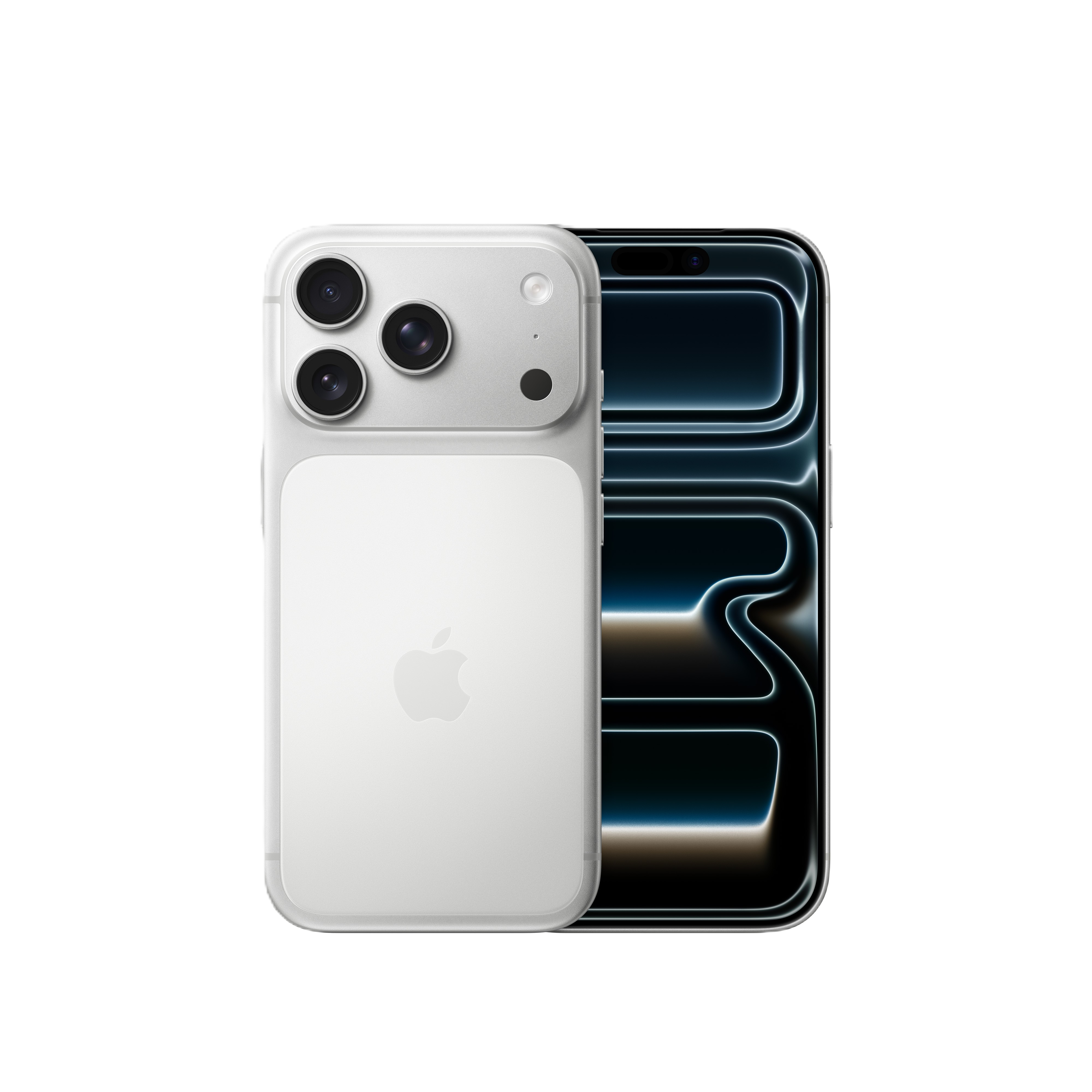 Ein weißes iPhone zeigt seine Rückseite und seinen Bildschirm. Die Rückseite hat ein Apple-Logo und drei Kameras. Der Bildschirm zeigt ein blaues Design.