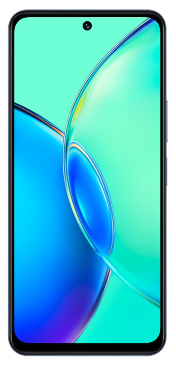 Smartphone mit Bildschirm, der ein farbenfrohes abstraktes Design anzeigt, schwarzer Rahmen.
