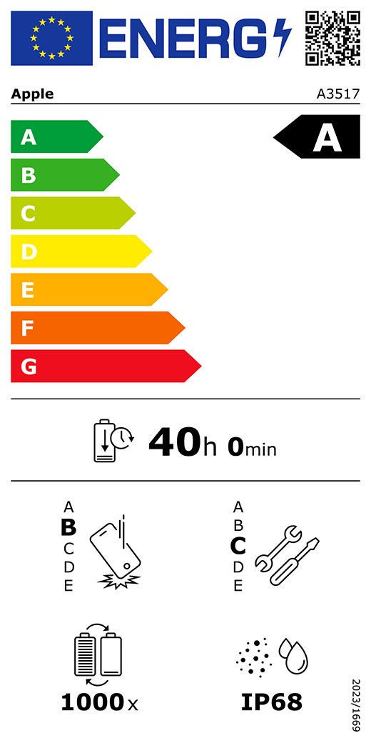 Energielabel mit EU-Flagge. Zeigt Energieeffizienzklassen von A bis G. Enthält Akku- und Haltbarkeitssymbole.