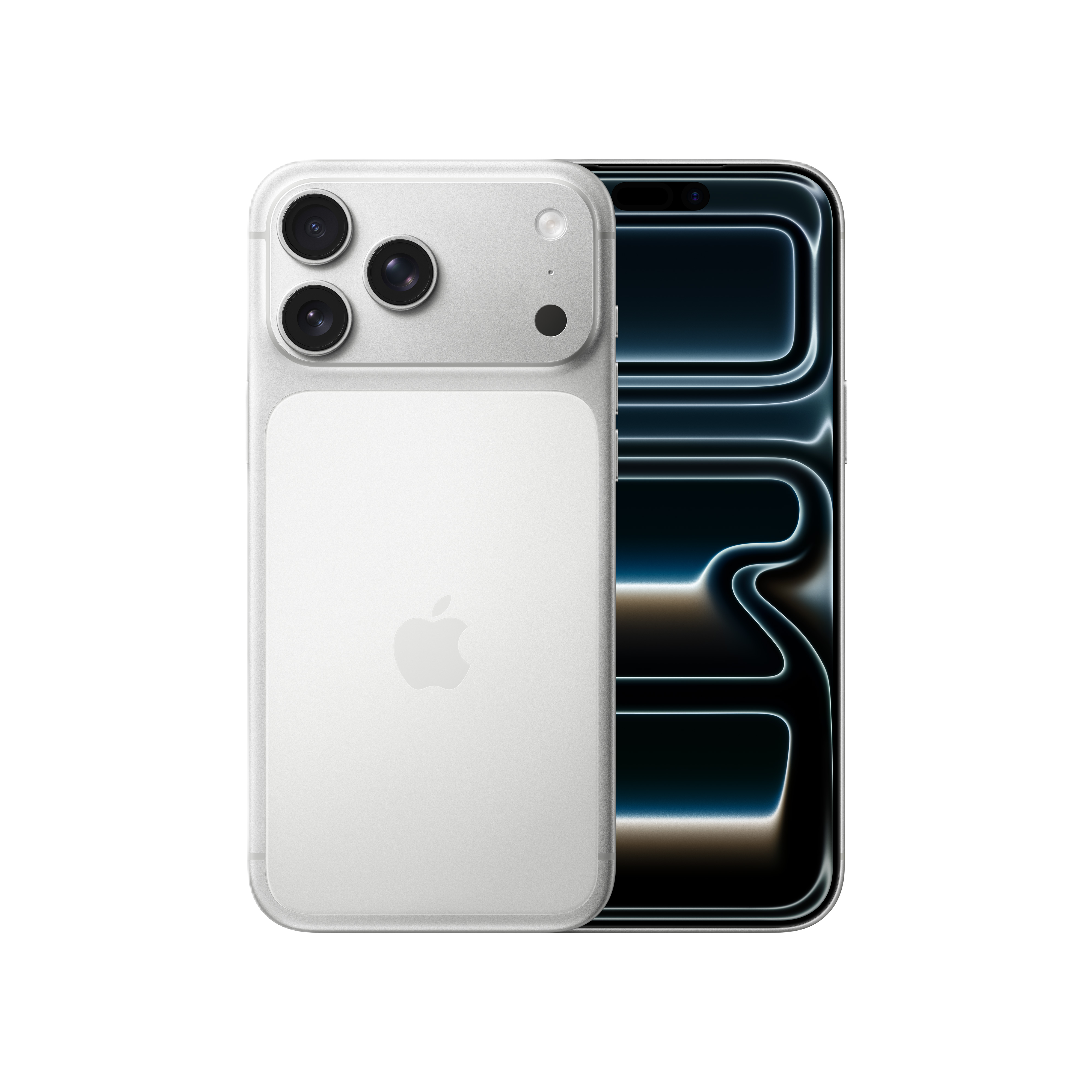 Ein weißes Smartphone mit drei Kameras links. Der Bildschirm rechts zeigt blaue und weiße Lichter.