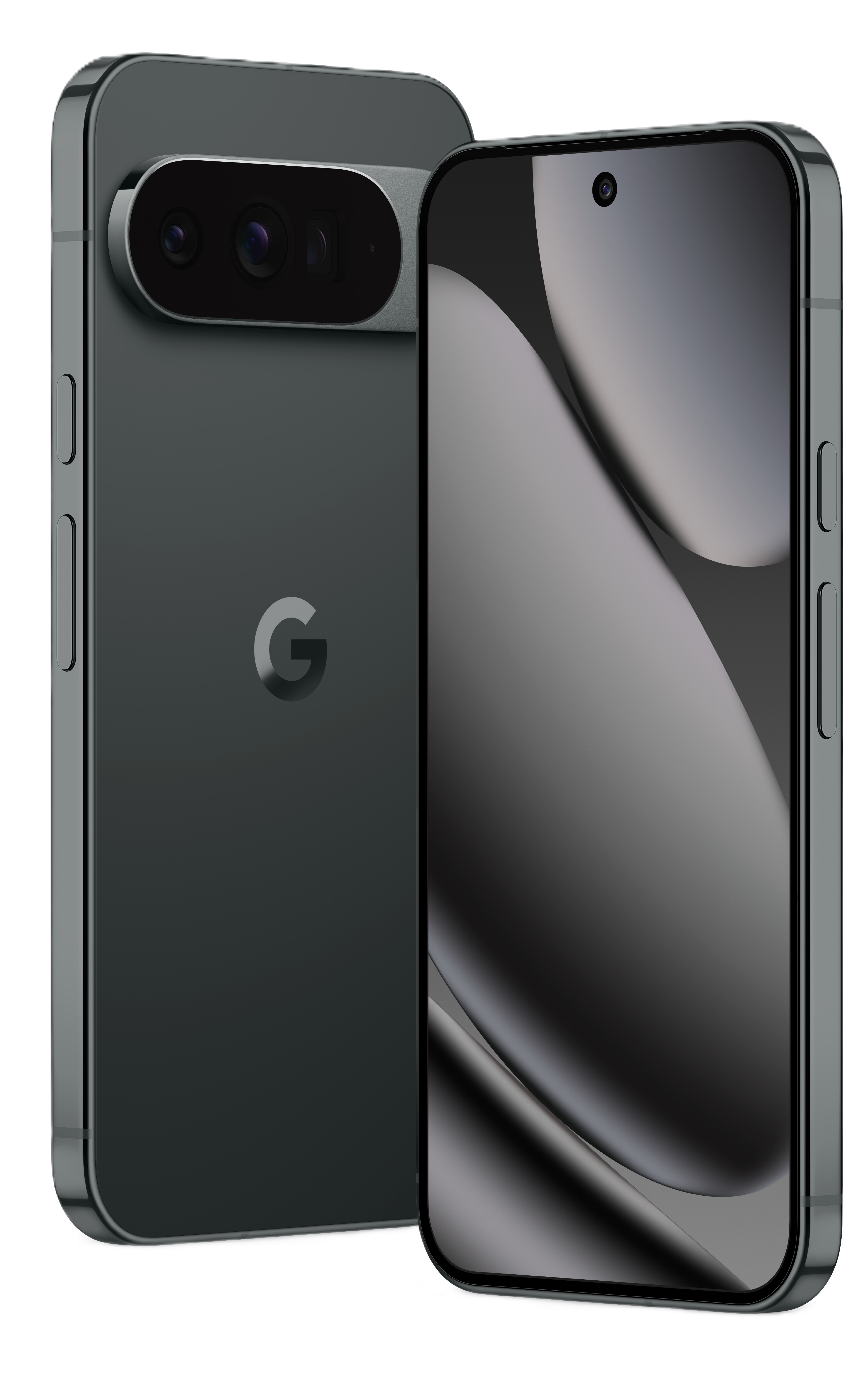 Zwei dunkelgraue Smartphones werden gezeigt. Eines hat eine Kameraleiste. Das andere hat einen Bildschirm mit Frontkamera.