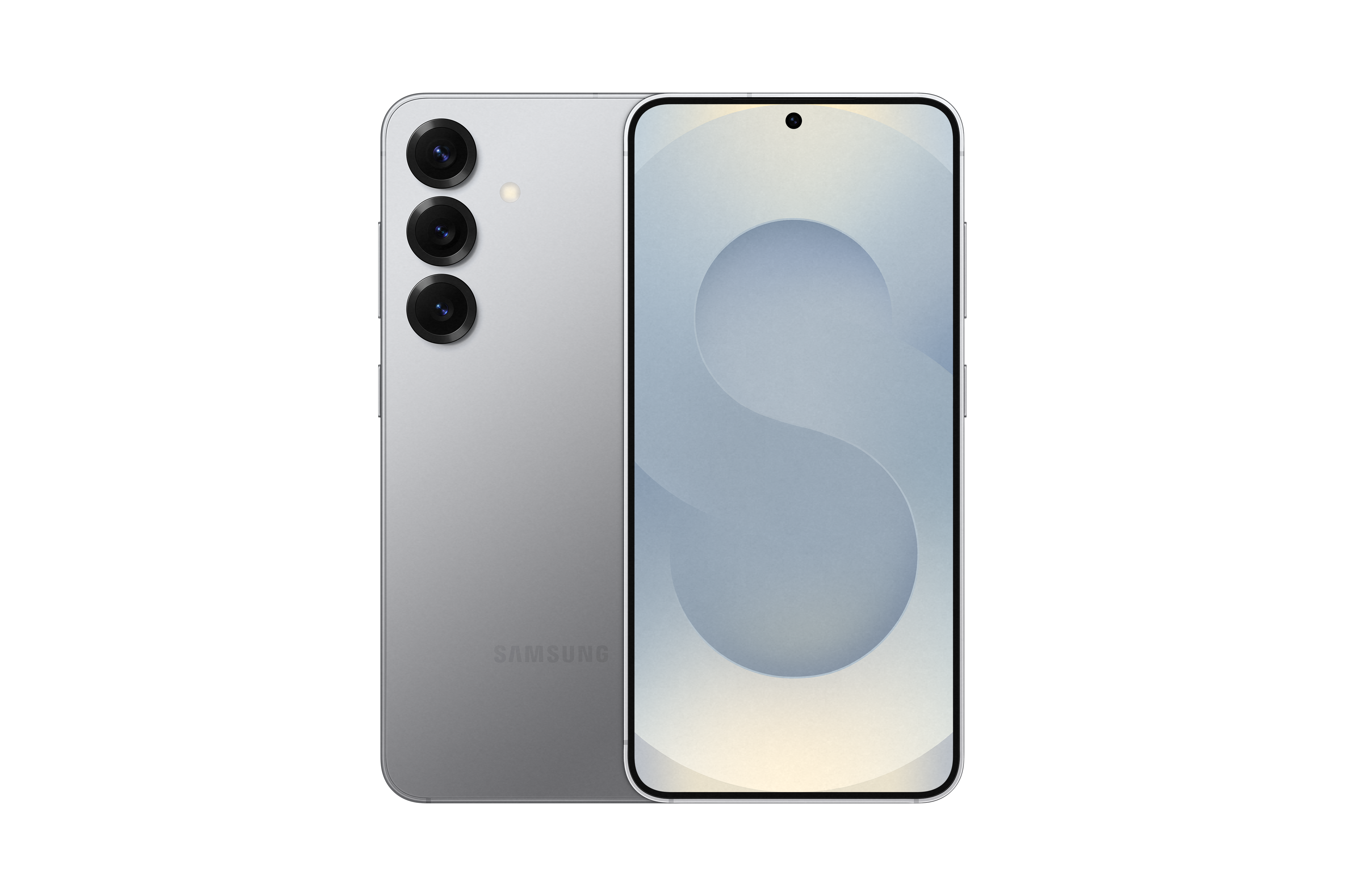 Silbernes Samsung Galaxy S25 Smartphone mit drei Rückkameras und weißem Display.
