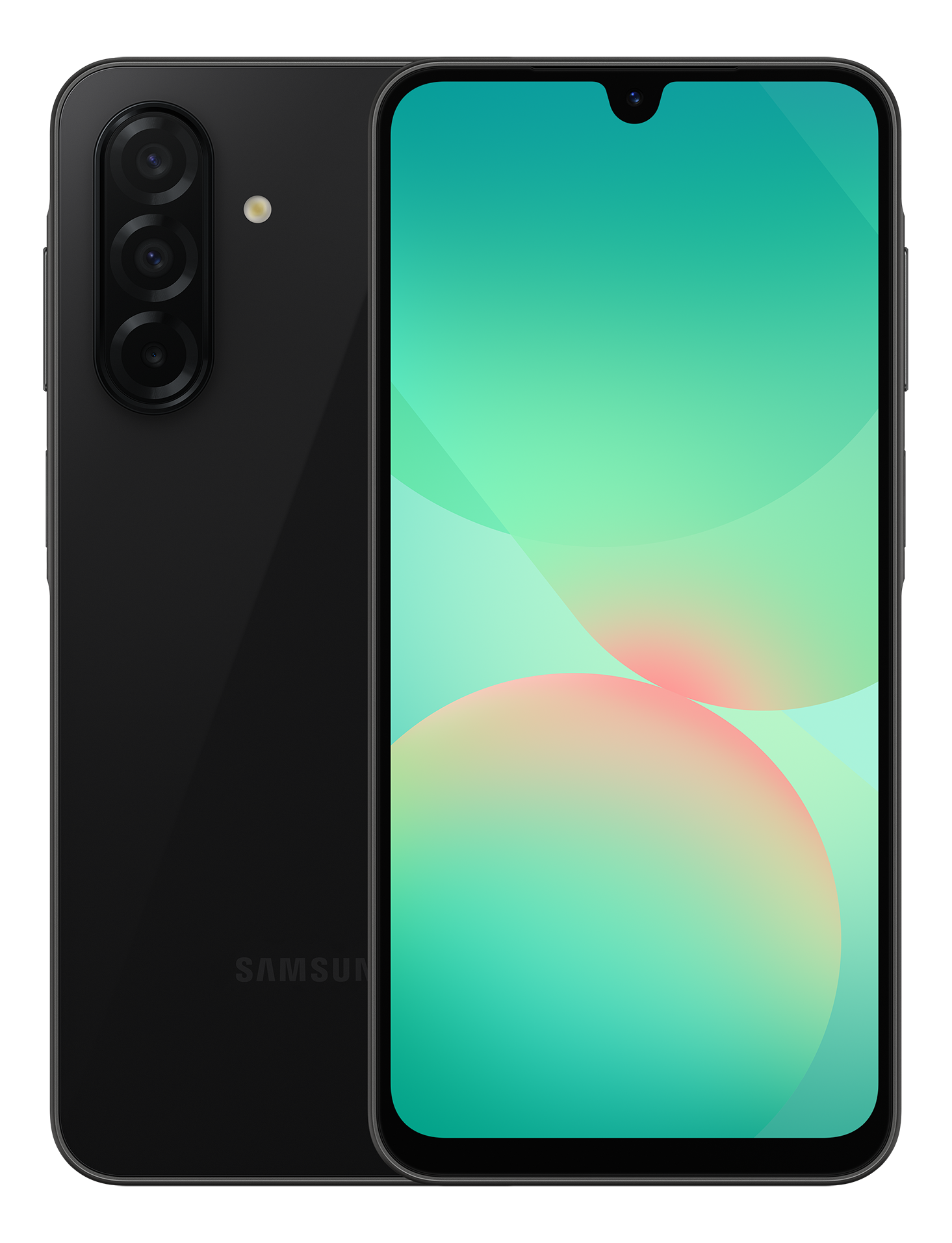 Schwarzes Samsung-Telefon vorne und hinten. Display zeigt einen Farbverlauf-Hintergrund. Sauberes, modernes Design.