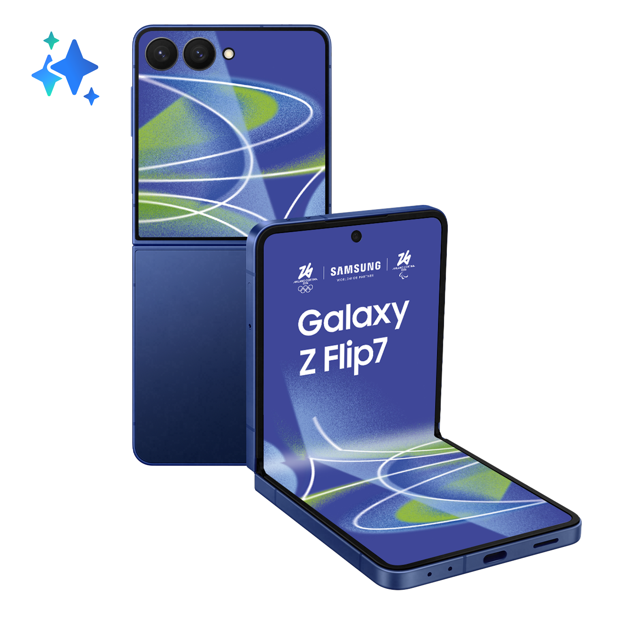 Ein blaues Samsung Galaxy Z Flip7 Handy, teilweise geöffnet, mit Hintergrundgrafik.