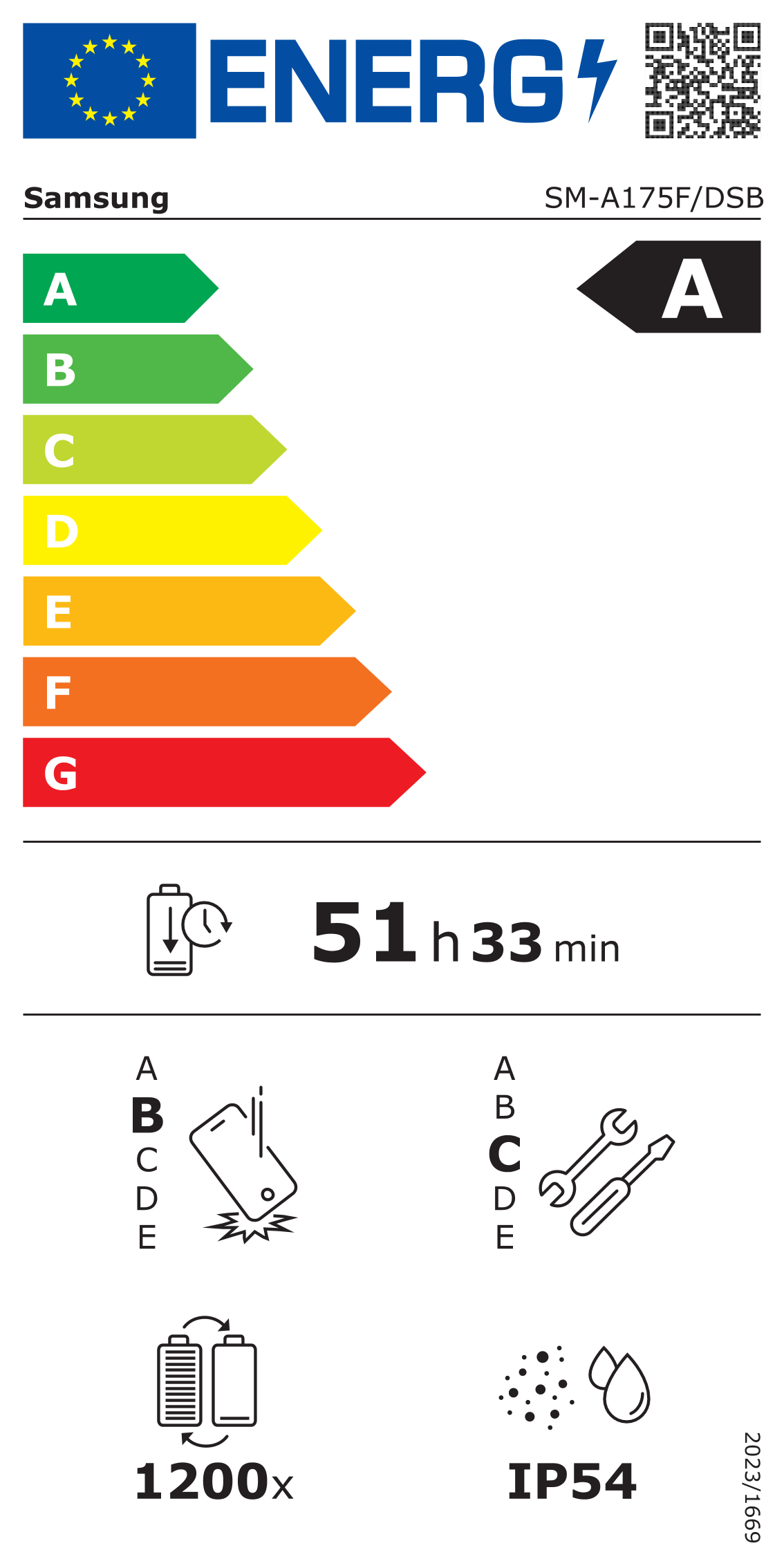 Energielabel für Samsung. Zeigt Energieeffizienzklassen von A bis G. Zeigt Akkulaufzeit als 51h 33min und andere technische Details.