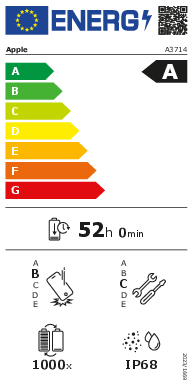 EU-Energieetikett zeigt Klasse A, Batterielebensdauer von 52h und IP68-Schutz.