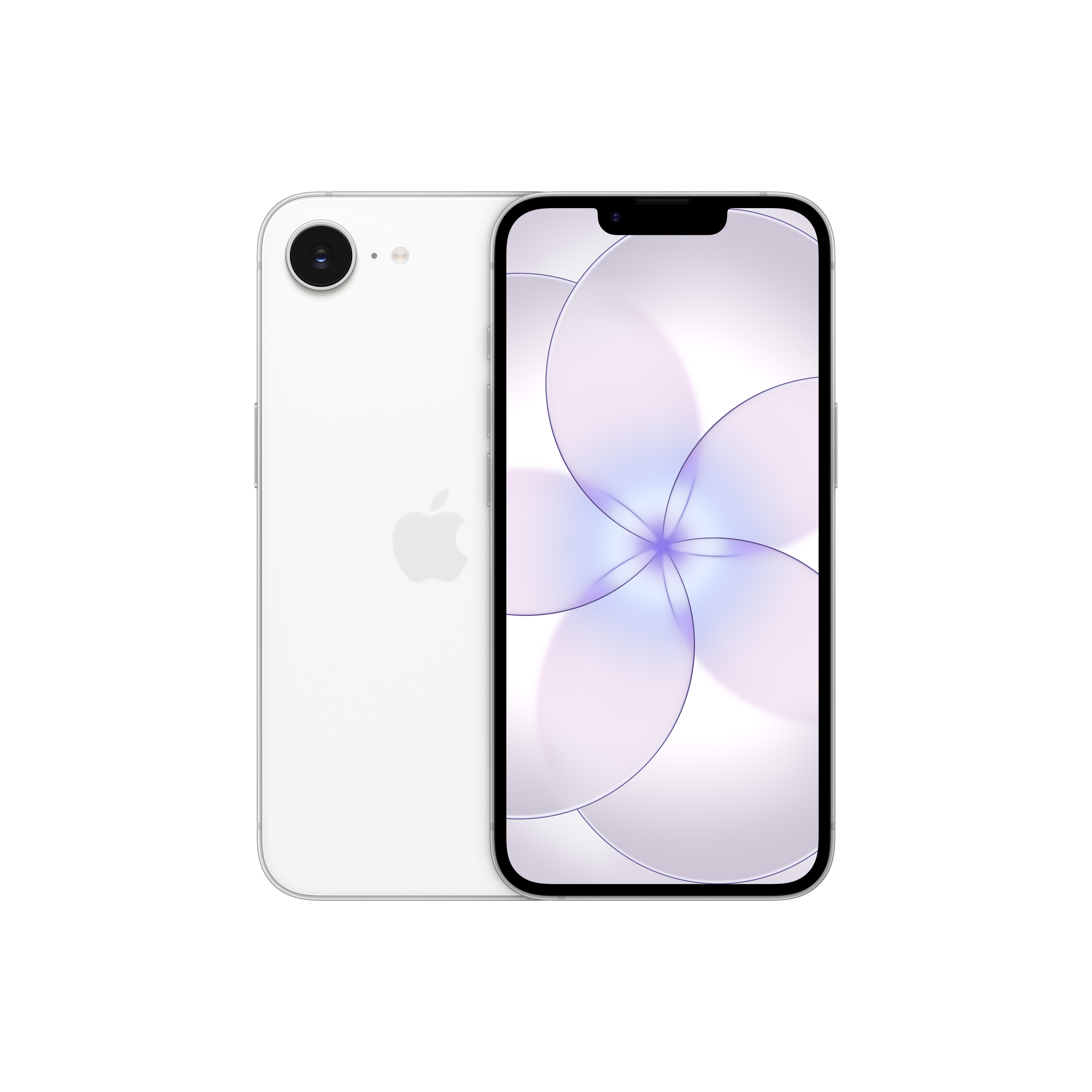 Ein weißes iPhone liegt auf der Rückseite, ein weiteres ist frontal zu sehen.
