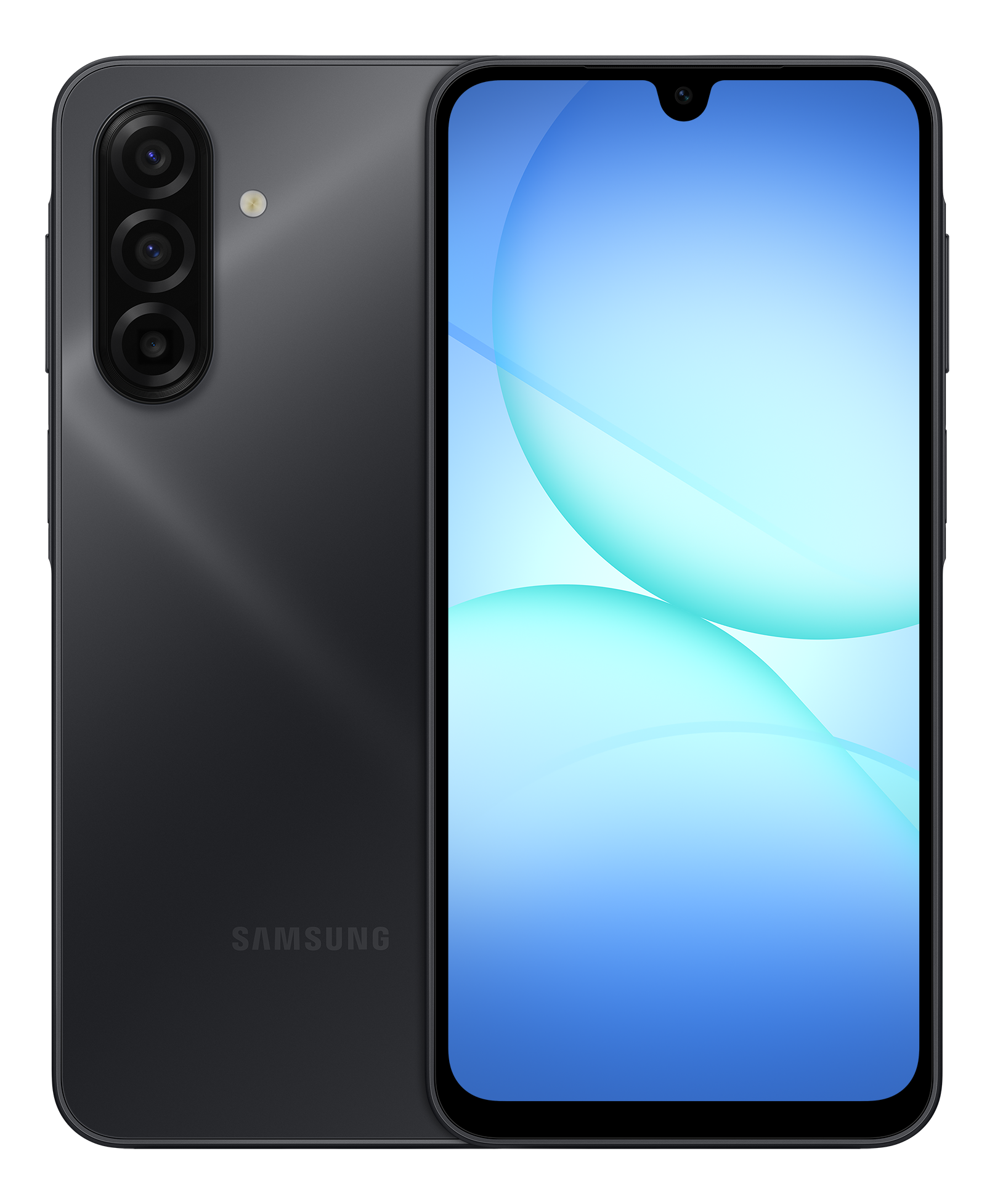 Schwarzes Samsung-Telefon mit drei Kameras, Bildschirm mit blau-weißen Farbverläufen. Auf der Rückseite befindet sich das Samsung-Logo.