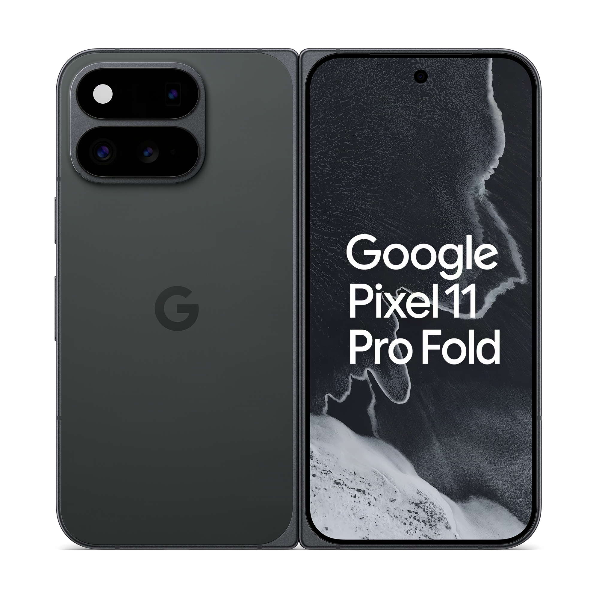 Ein graues Google Pixel 11 Pro Fold Smartphone zeigt die Rückseite und den Bildschirm mit Text vor schwarzem Hintergrund.